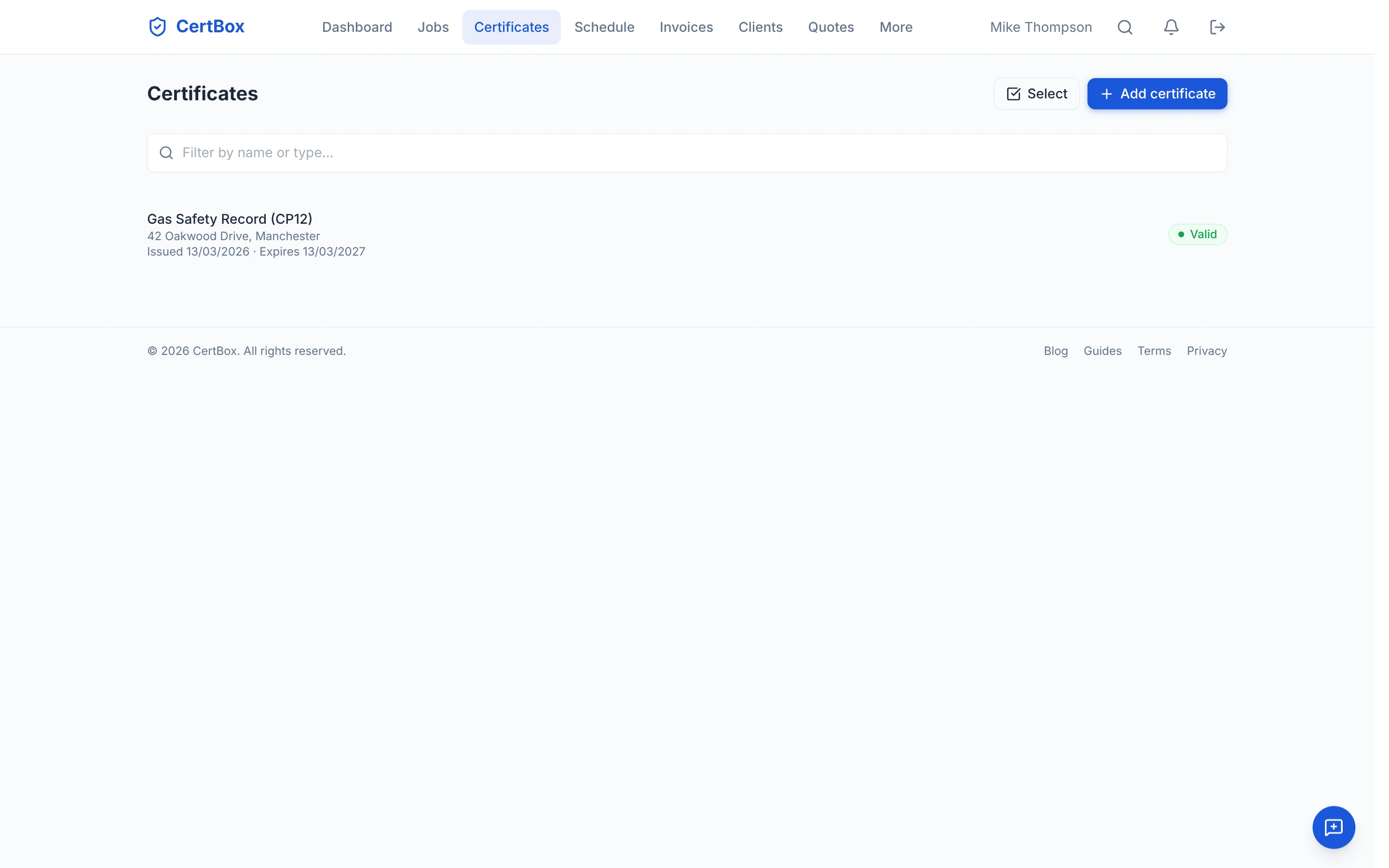CertBox certificate list showing a valid CP12 gas safety record
