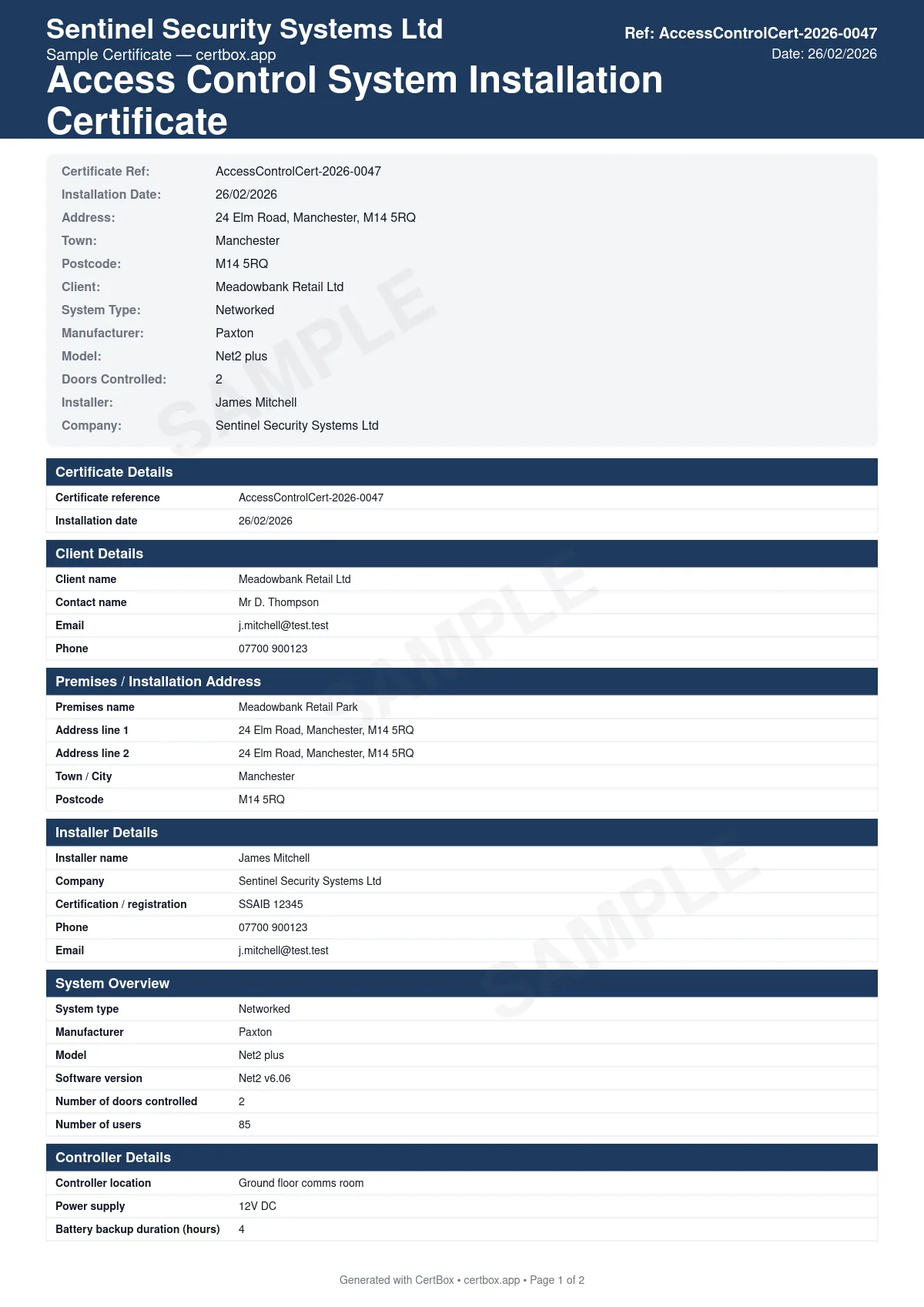 Sample Access Control System Installation Certificate certificate created with CertBox, showing the professional PDF layout with controller and reader specifications, door hardware and lock types, credential type (card, fob, biometric, pin)