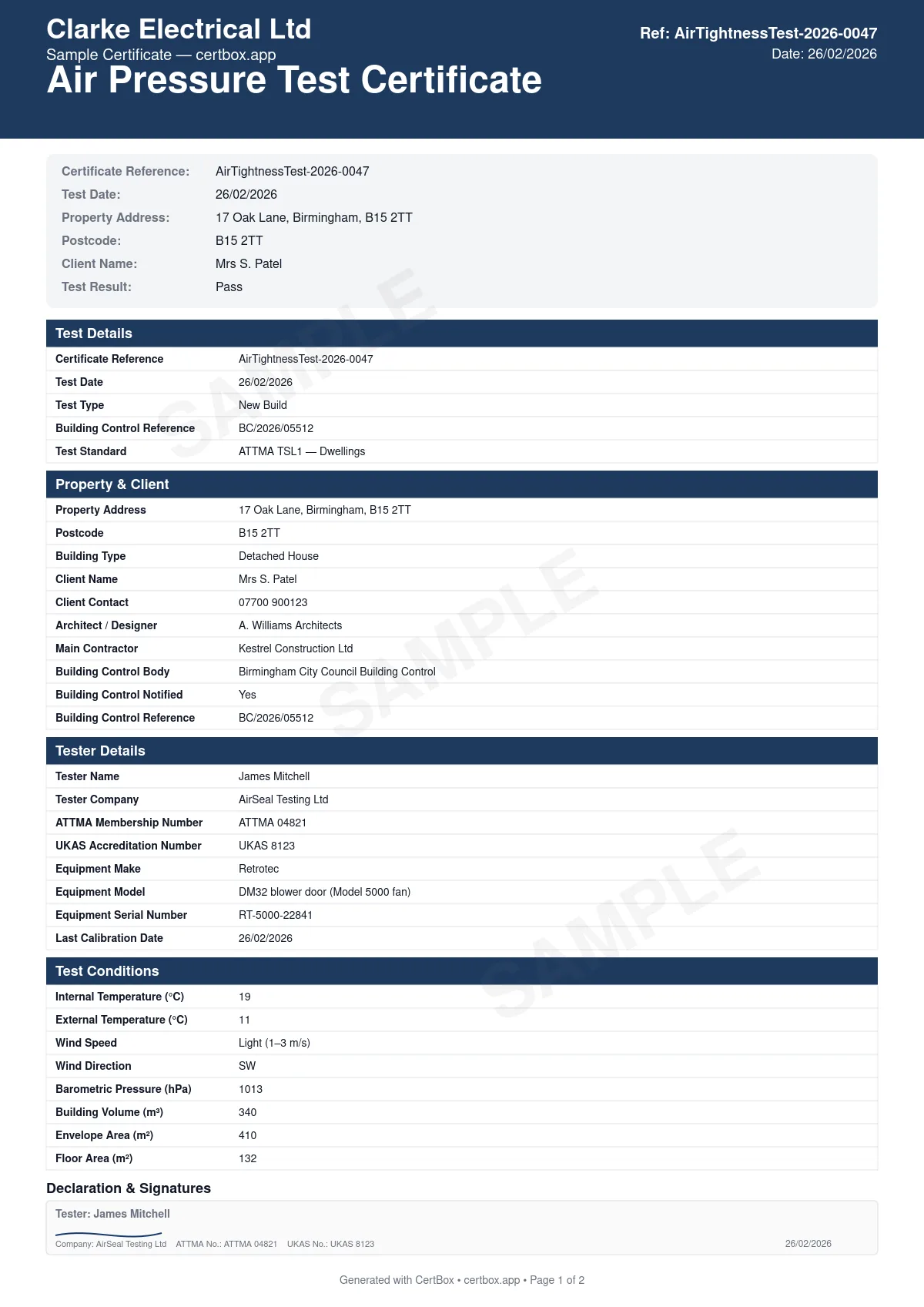 Sample Air Pressure Test Certificate certificate created with CertBox, showing the professional PDF layout with building measurements (floor area, envelope area, volume), test method and equipment details, air permeability result at 50 pa