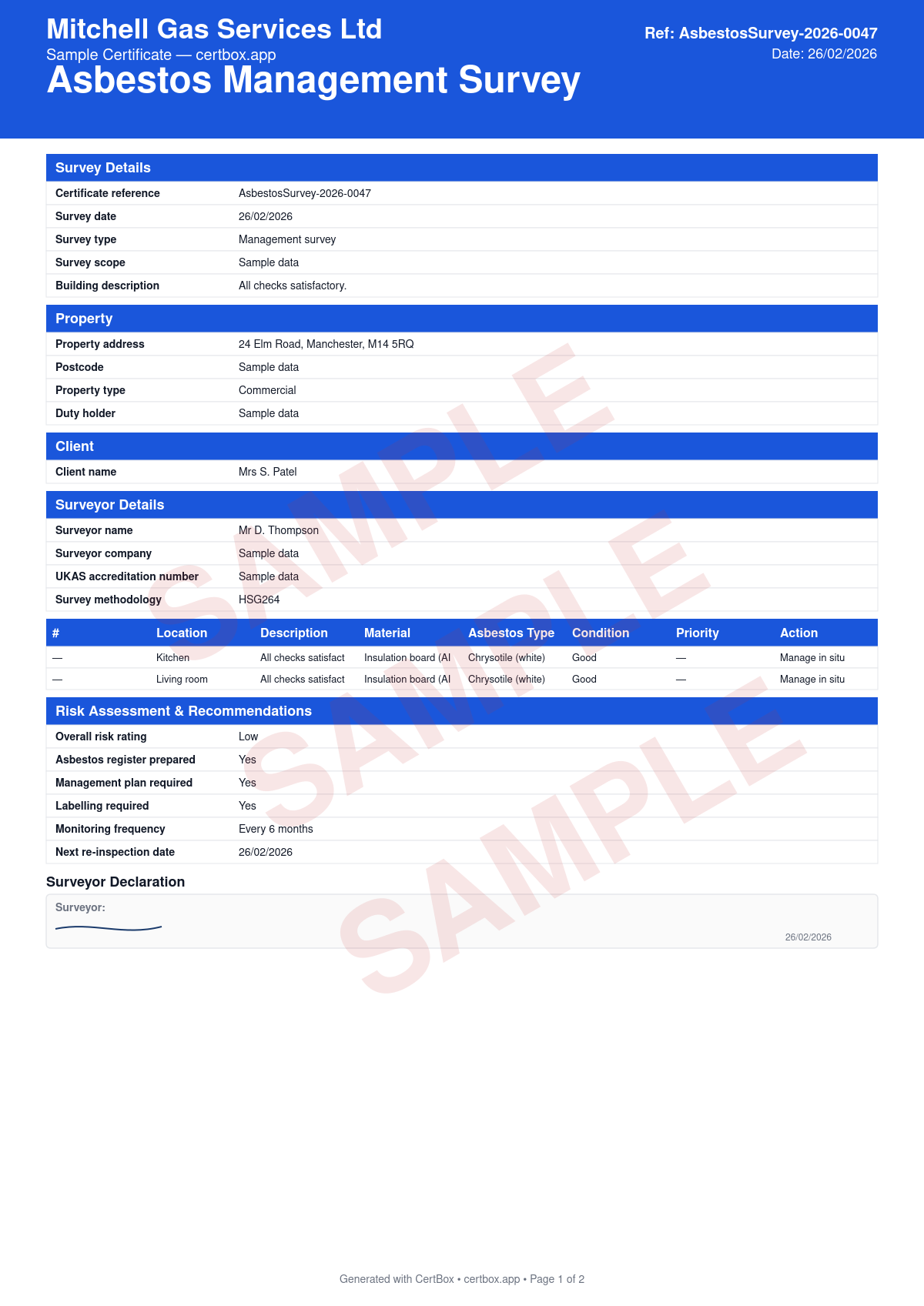 Sample Asbestos Management Survey certificate created with CertBox, showing the professional PDF layout with acm identification and sampling, material assessment (condition, accessibility), risk ratings for each acm found
