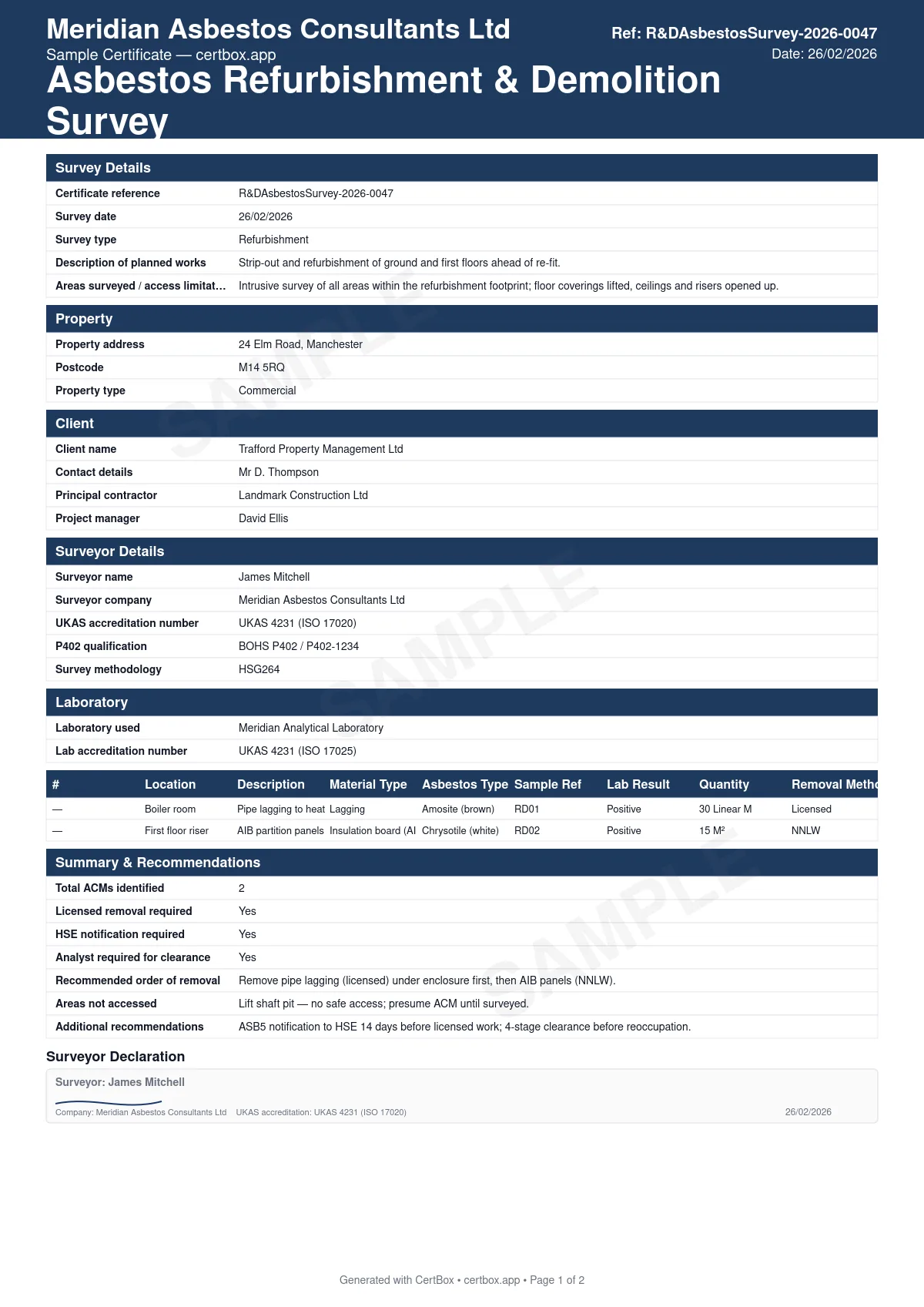 Sample Asbestos Refurbishment/Demolition Survey certificate created with CertBox, showing the professional PDF layout with intrusive sampling of concealed areas, all acms within the scope of work, recommendations for removal or encapsulation