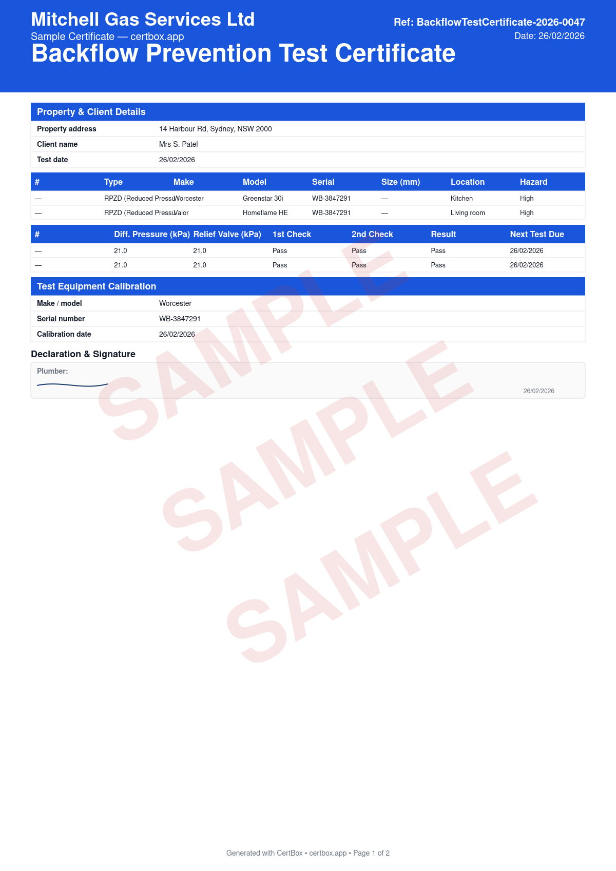 Sample Backflow Prevention Test Certificate certificate created with CertBox, showing the professional PDF layout with property address, client details, and water authority reference, each backflow device: type, make, model, serial number, and location, hazard level classification of the water use