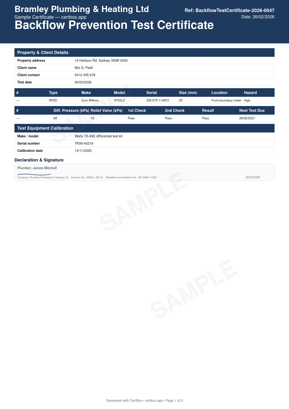 Sample Backflow Prevention Test Certificate certificate created with CertBox, showing the professional PDF layout with property address, client details, and water authority reference, each backflow device: type, make, model, serial number, and location, hazard level classification of the water use