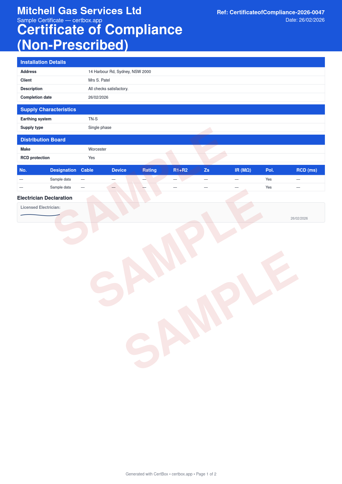 Sample Certificate of Compliance (Non-Prescribed) certificate created with CertBox, showing the professional PDF layout with installation address, client details, and description of work, earthing system (tn-s, tn-c-s, tt) and supply type, nominal voltage, supply fuse rating, ze, and prospective fault current