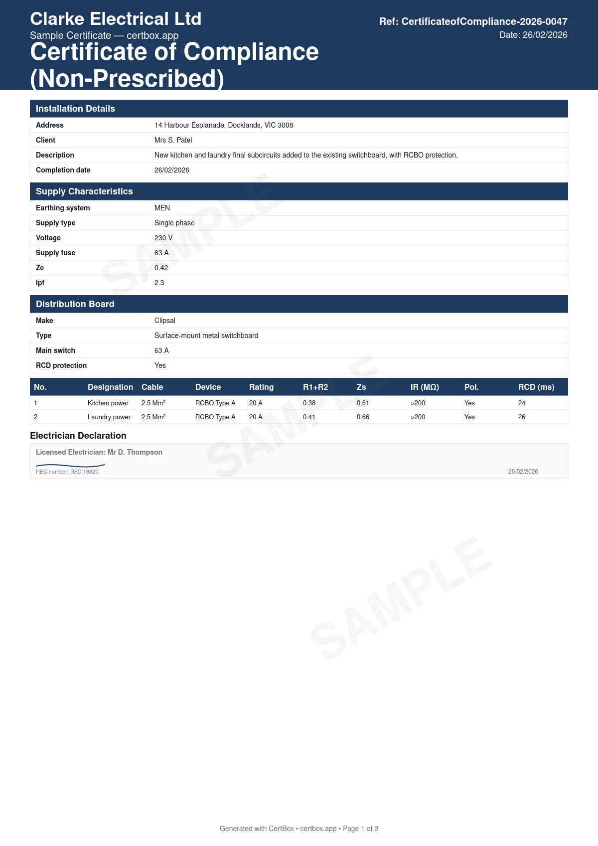 Sample Certificate of Compliance (Non-Prescribed) certificate created with CertBox, showing the professional PDF layout with installation address, client details, and description of work, earthing system (men, tn-s, tn-c-s, tt) and supply type, nominal voltage, supply fuse rating, ze, and prospective fault current