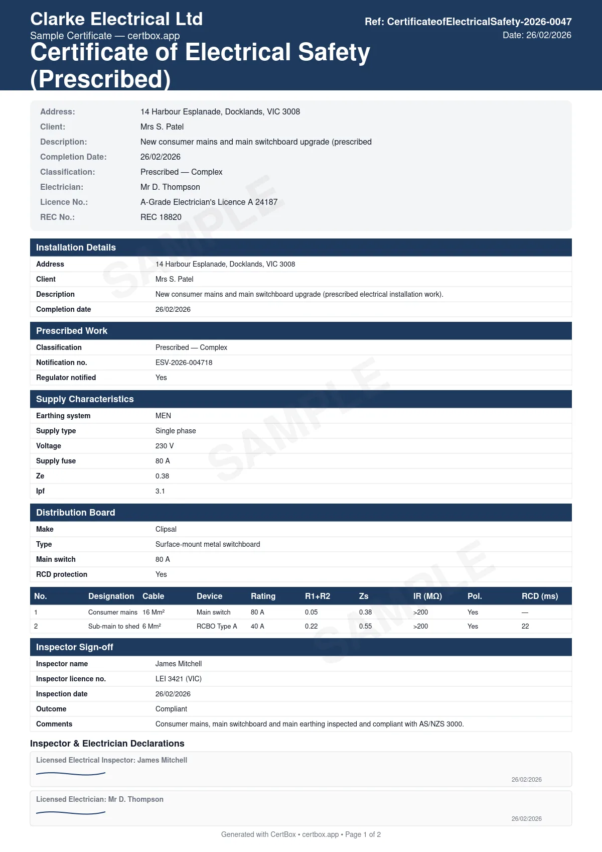 Sample Certificate of Electrical Safety (Prescribed) certificate created with CertBox, showing the professional PDF layout with installation address, client details, and description of prescribed work, prescribed work category and notification/permit number, earthing system, supply characteristics, and distribution board details