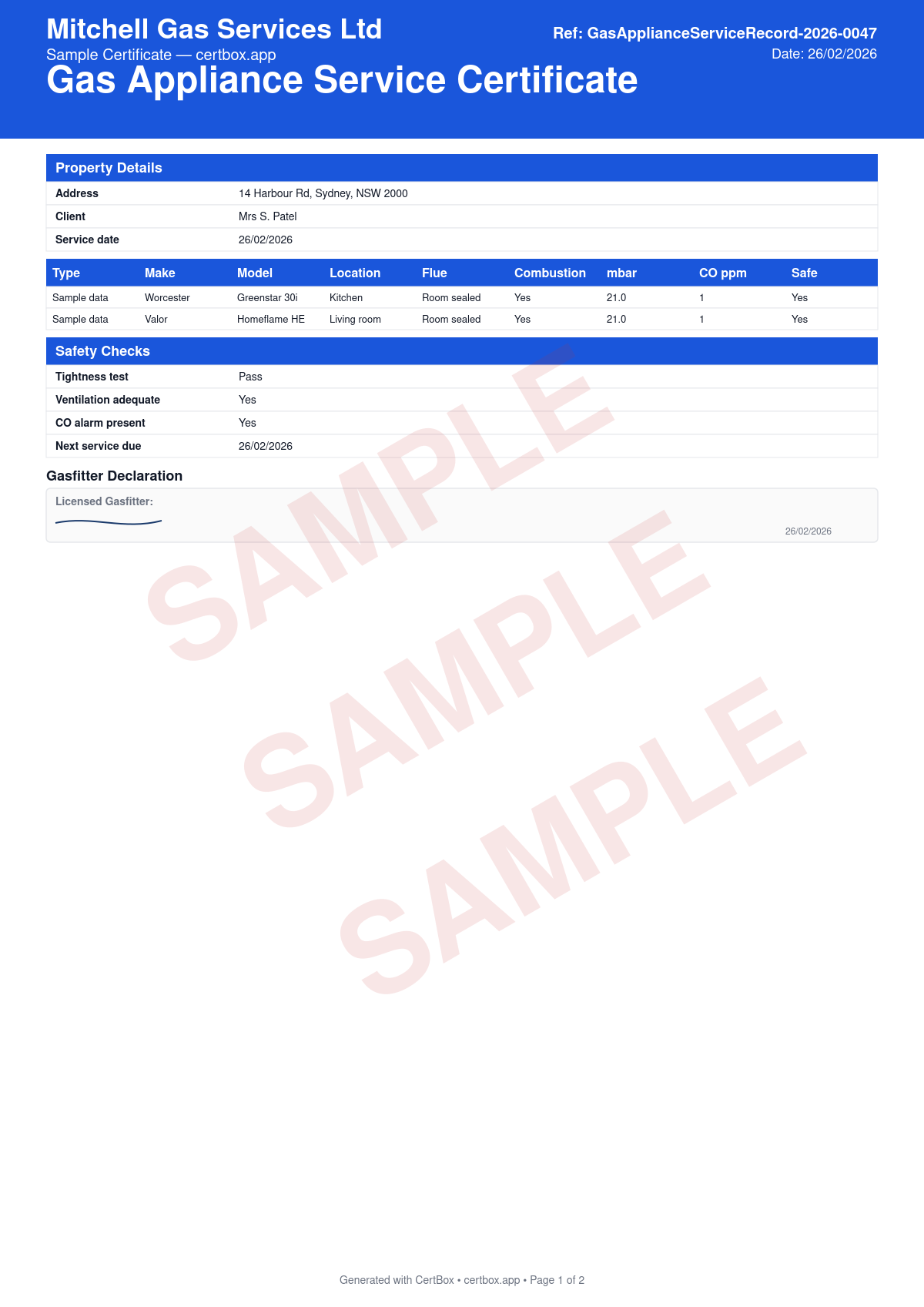 Sample Gas Appliance Service Certificate certificate created with CertBox, showing the professional PDF layout with each appliance serviced: type, make, model, serial number, and location, work done description and parts replaced, operating pressure (mbar) and co reading (ppm)