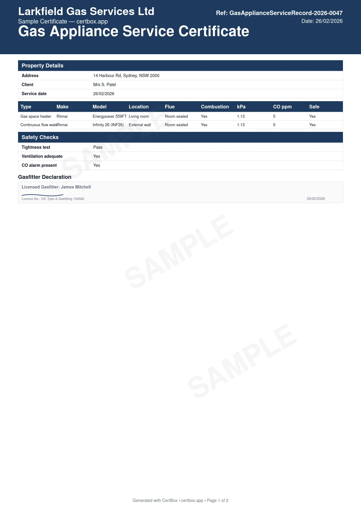 Sample Gas Appliance Service Certificate certificate created with CertBox, showing the professional PDF layout with each appliance serviced: type, make, model, serial number, and location, work done description and parts replaced, operating pressure (kpa) and co reading (ppm)