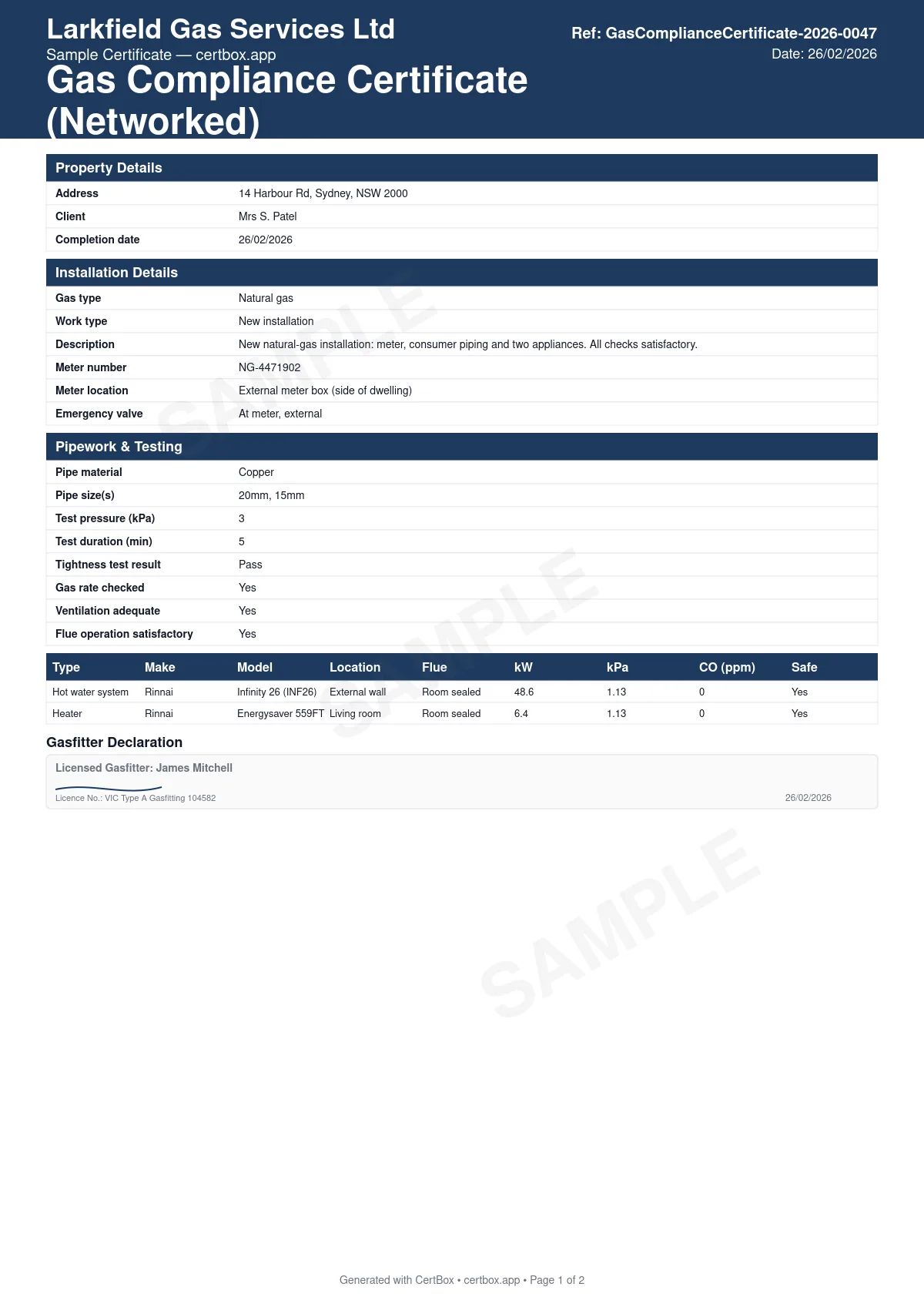Sample Gas Compliance Certificate (Networked) certificate created with CertBox, showing the professional PDF layout with property address, client details, and type of work, meter number, meter location, and emergency valve location, pipework material and size