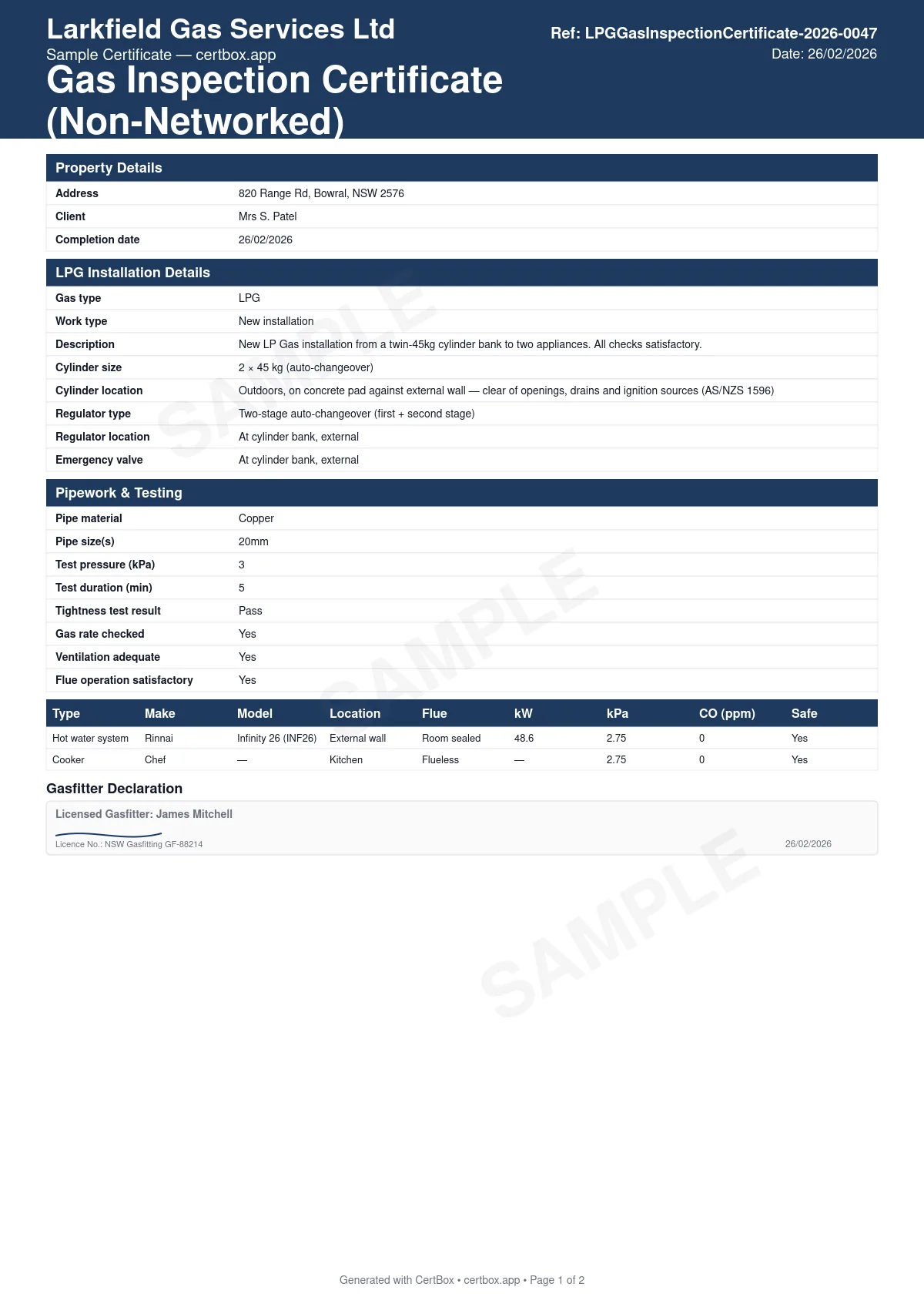 Sample Gas Inspection Certificate (Non-Networked) certificate created with CertBox, showing the professional PDF layout with property address, client details, and type of work, lpg cylinder size and location, regulator type and location, emergency valve location and meter number (if fitted)
