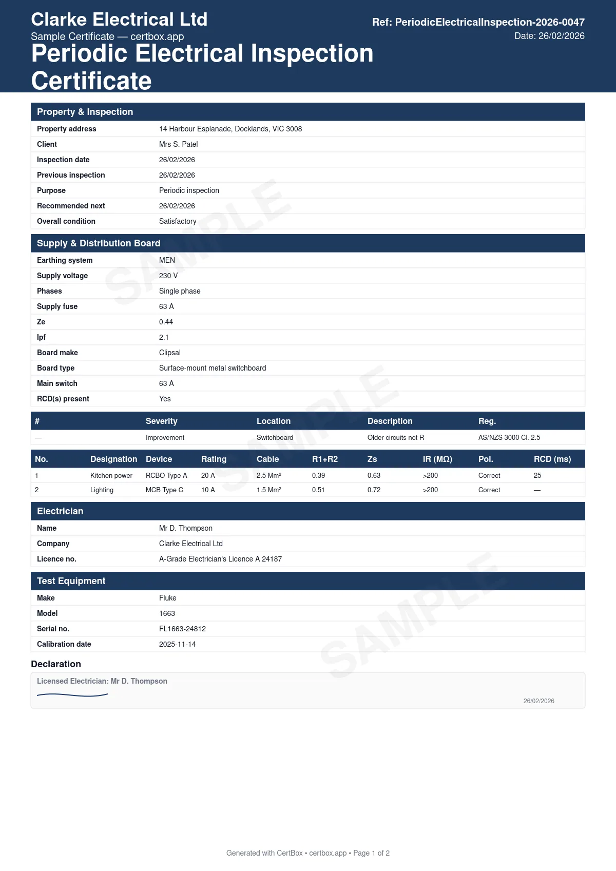 Sample Periodic Electrical Inspection Certificate certificate created with CertBox, showing the professional PDF layout with purpose of inspection and inspection date, earthing system, supply type, voltage, and supply fuse rating, ze at origin and prospective fault current