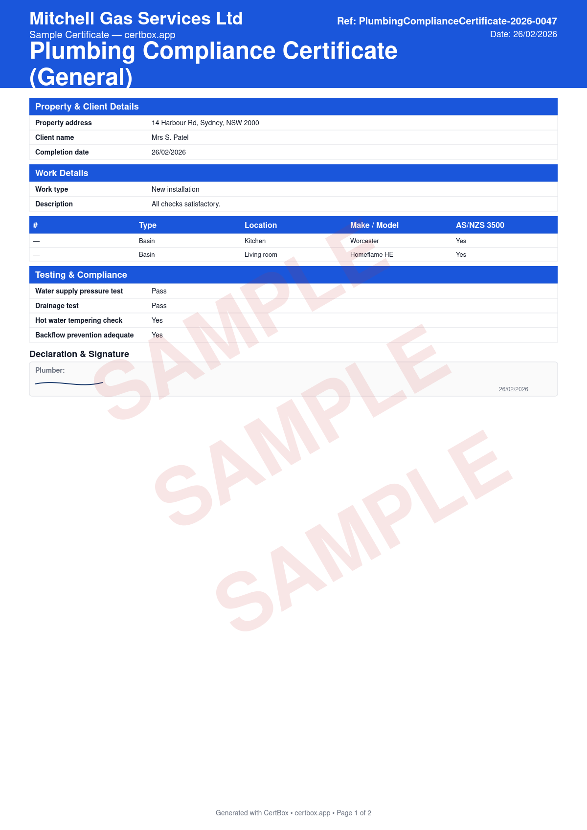 Sample Plumbing Compliance Certificate (General) certificate created with CertBox, showing the professional PDF layout with property address, client details, and description of work, type of work (hot water, cold water, drainage, sanitary plumbing), materials used and test results (pressure test, flow test)
