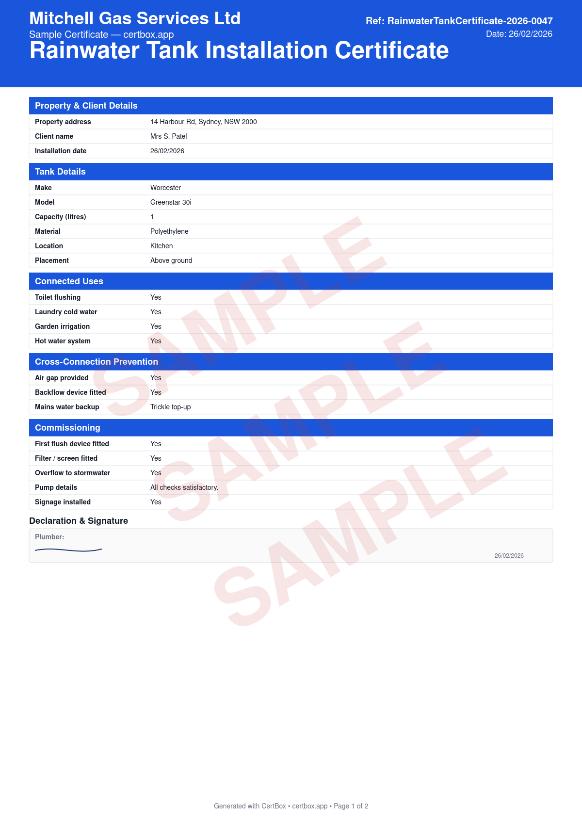 Sample Rainwater Tank Installation Certificate certificate created with CertBox, showing the professional PDF layout with property address, client details, and installation date, tank make, model, material, and capacity (litres), pump make, model, and type