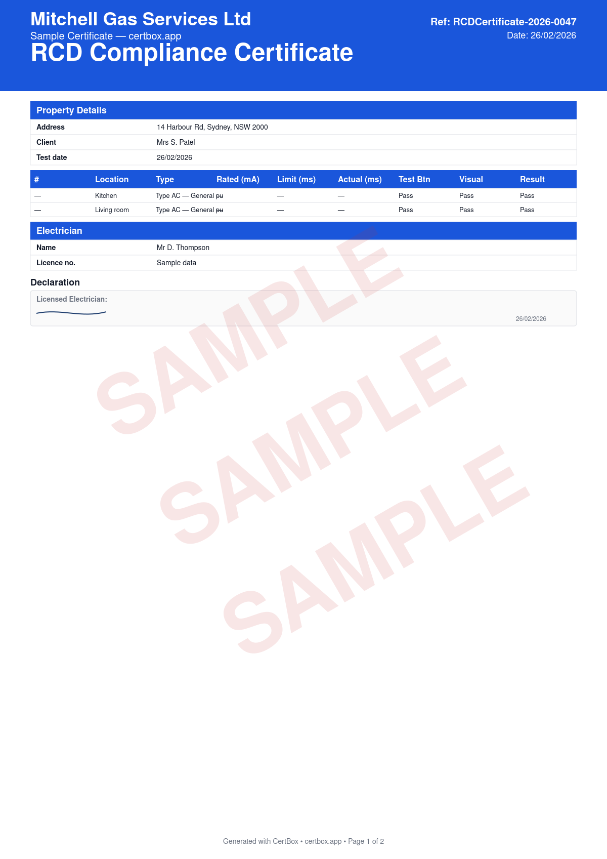 Sample RCD Compliance Certificate certificate created with CertBox, showing the professional PDF layout with property address and client details, each rcd: make, model, type (type ac / type a), current rating, and trip current, rcd trip time test results (30ma test at rated and 5x rated current)