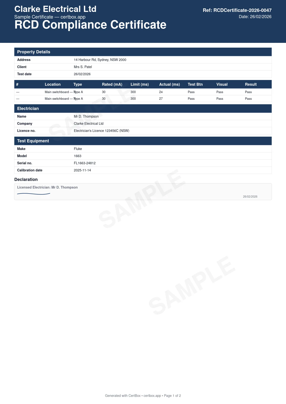 Sample RCD Compliance Certificate certificate created with CertBox, showing the professional PDF layout with property address and client details, each rcd: make, model, type (type ac / type a), current rating, and trip current, rcd trip time test results (30ma test at rated and 5x rated current)