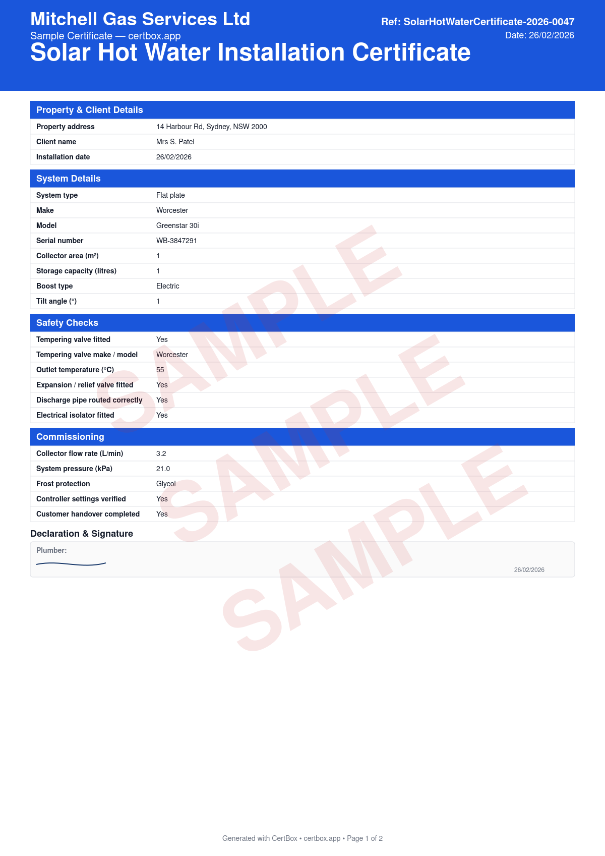 Sample Solar Hot Water Installation Certificate certificate created with CertBox, showing the professional PDF layout with property address, client details, and installation date, solar collector make, model, type (flat plate / evacuated tube), and number of panels, storage cylinder make, model, capacity (litres), and location