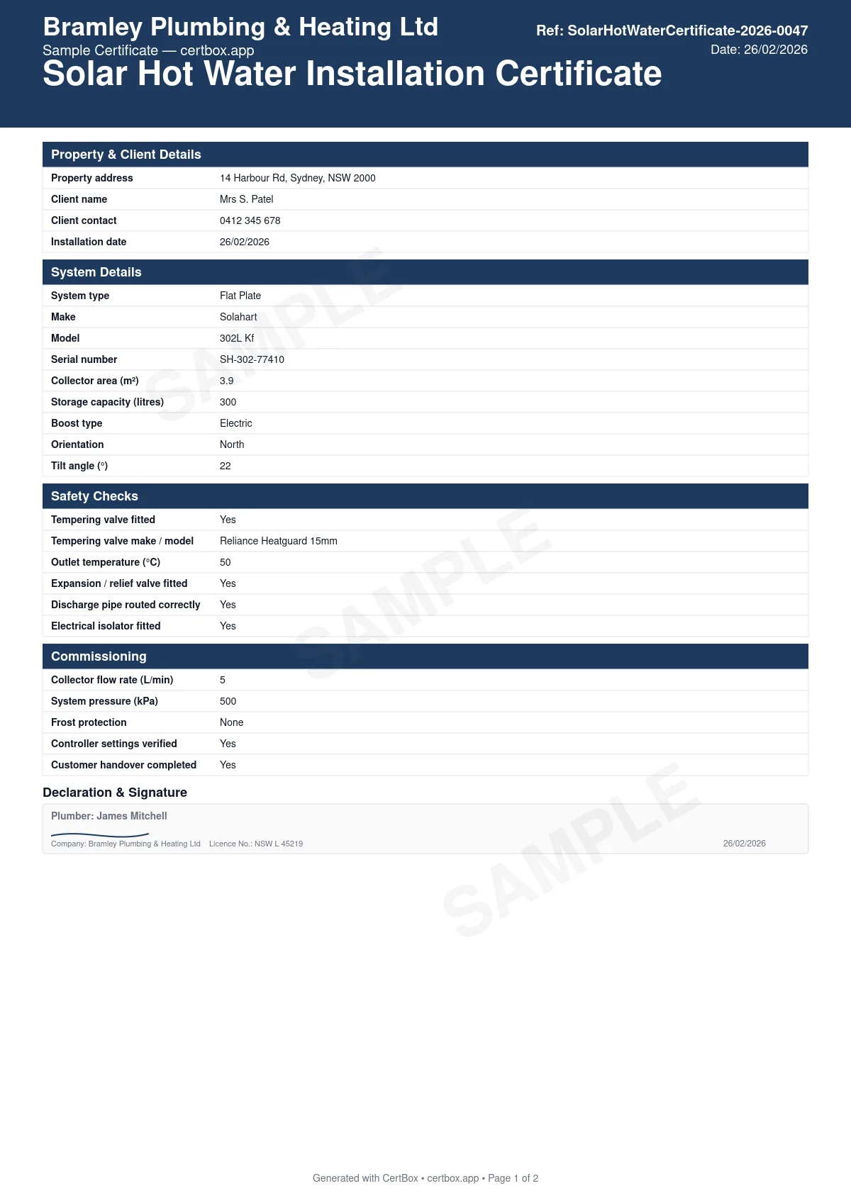 Sample Solar Hot Water Installation Certificate certificate created with CertBox, showing the professional PDF layout with property address, client details, and installation date, solar collector make, model, type (flat plate / evacuated tube), and number of panels, storage cylinder make, model, capacity (litres), and location