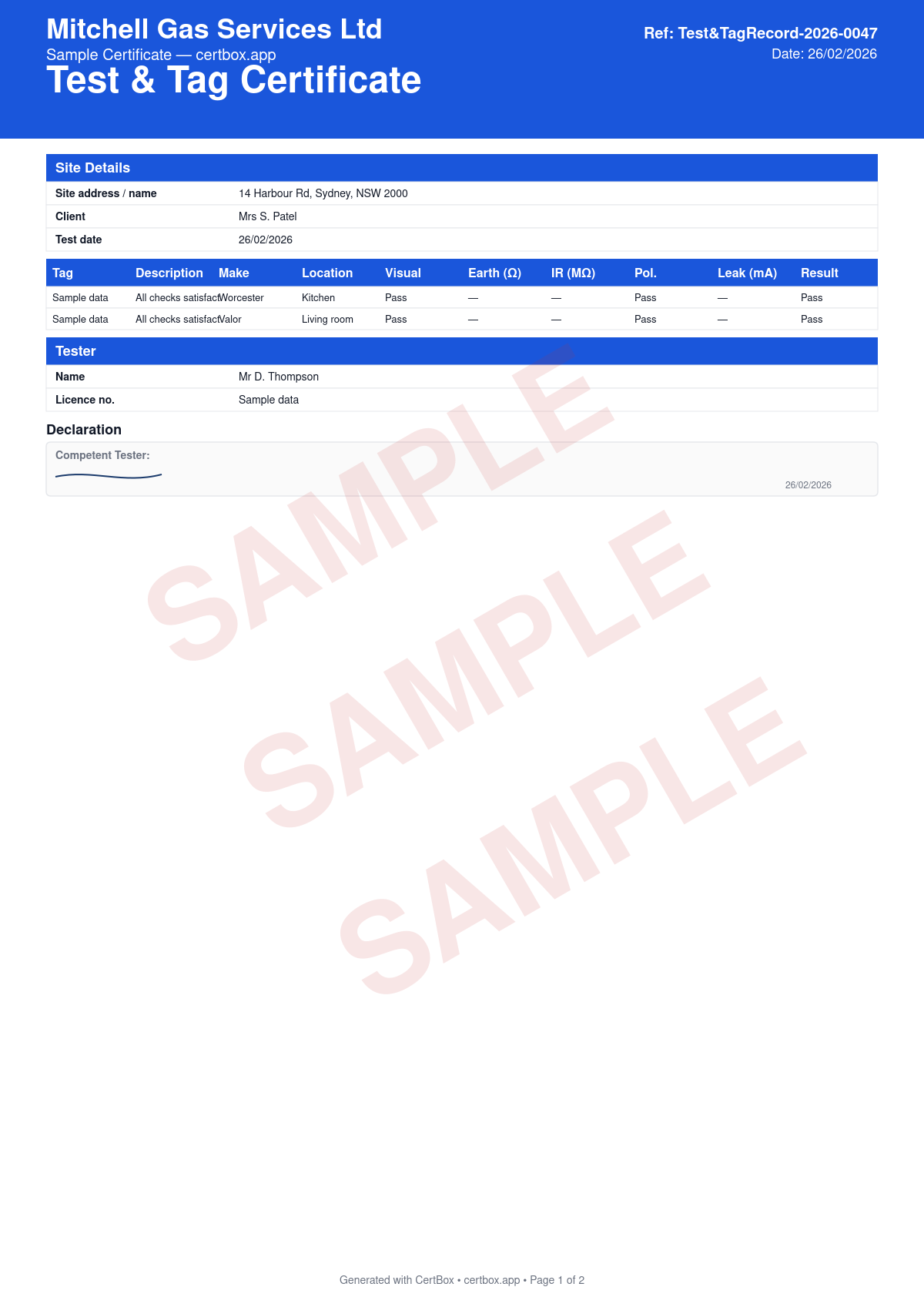 Sample Test & Tag Certificate certificate created with CertBox, showing the professional PDF layout with site address and client details, each appliance tested: description, asset number, make, and model, visual inspection result