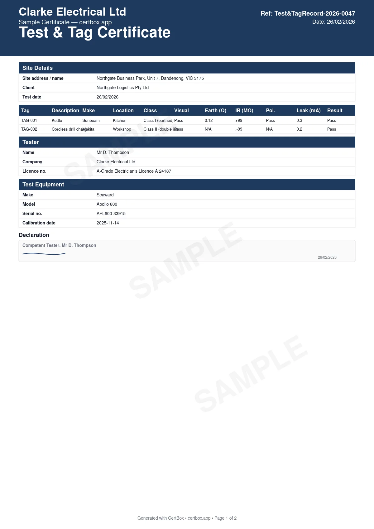 Sample Test & Tag Certificate certificate created with CertBox, showing the professional PDF layout with site address and client details, each appliance tested: description, asset number, make, and model, visual inspection result