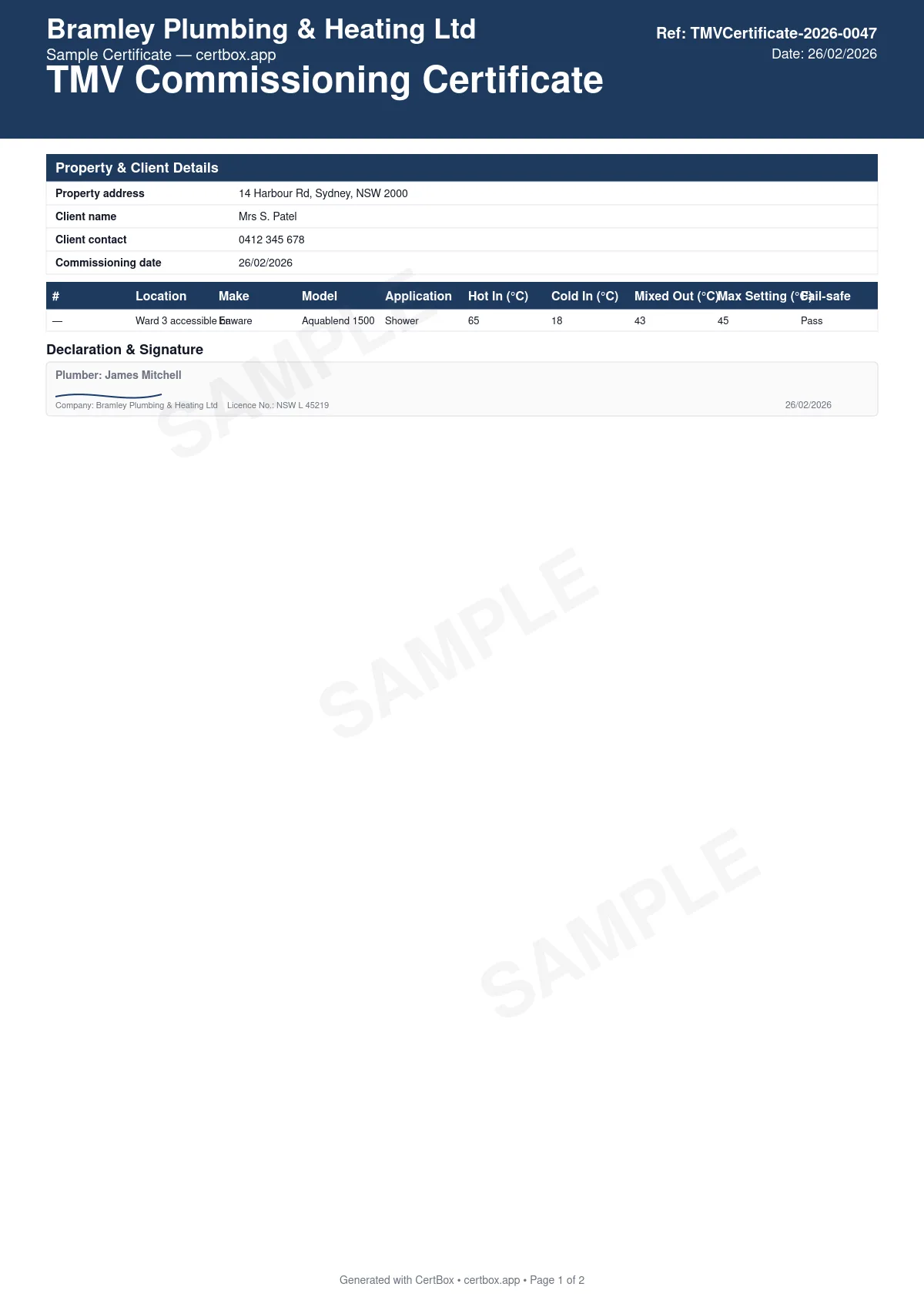 Sample TMV Commissioning Certificate certificate created with CertBox, showing the professional PDF layout with property address, client details, and tmv location, each tmv: make, model, serial number, and type, set temperature and temperature range tolerance