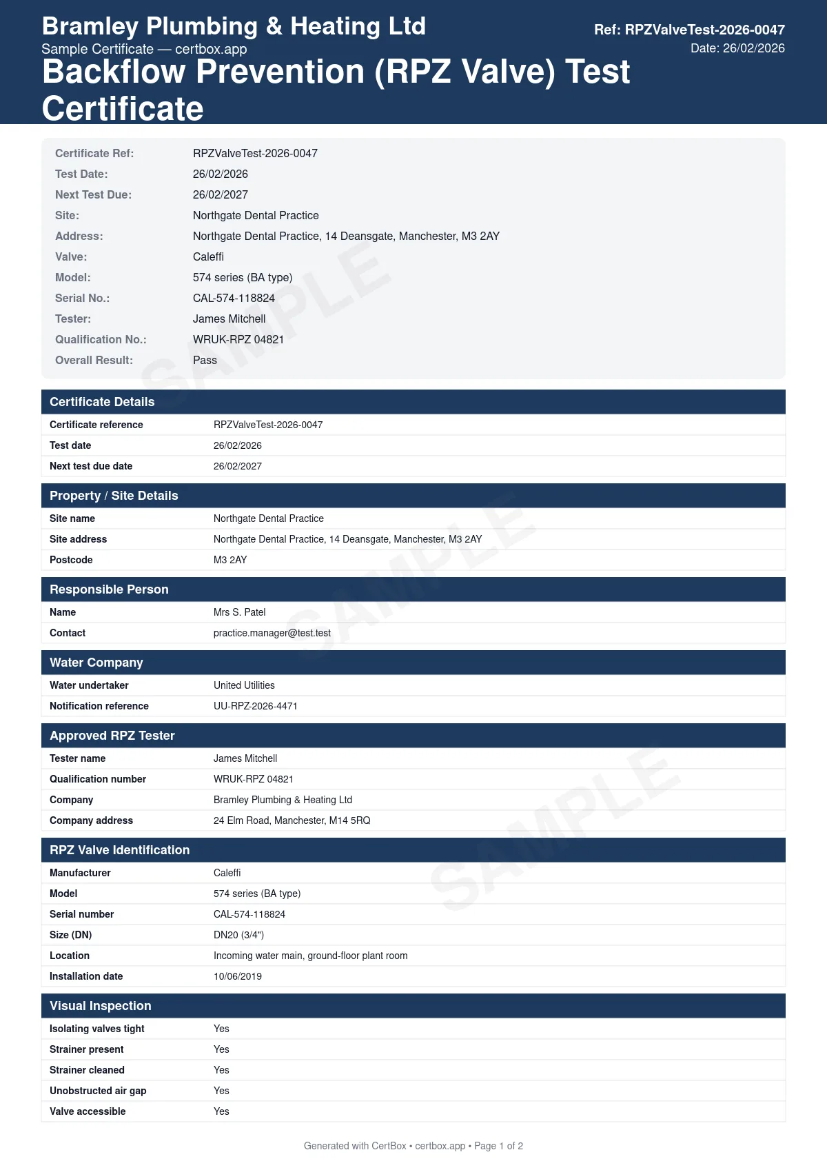 Sample Backflow Prevention (RPZ Valve) Test Certificate certificate created with CertBox, showing the professional PDF layout with rpz valve identification and location, check valve 1 differential pressure test, relief valve opening point test