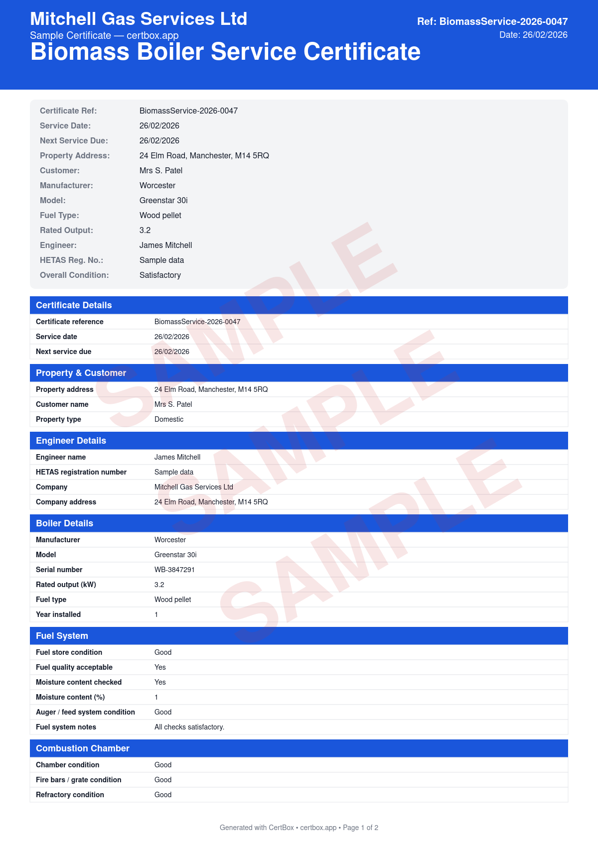 Sample Biomass Boiler Service Certificate certificate created with CertBox, showing the professional PDF layout with combustion chamber inspection, flue gas analysis (co, o2, temperature), ash removal and cleaning