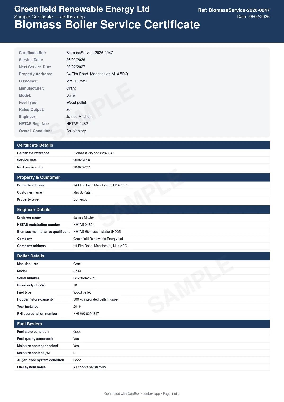 Sample Biomass Boiler Service Certificate certificate created with CertBox, showing the professional PDF layout with combustion chamber inspection, flue gas analysis (co, o2, temperature), ash removal and cleaning