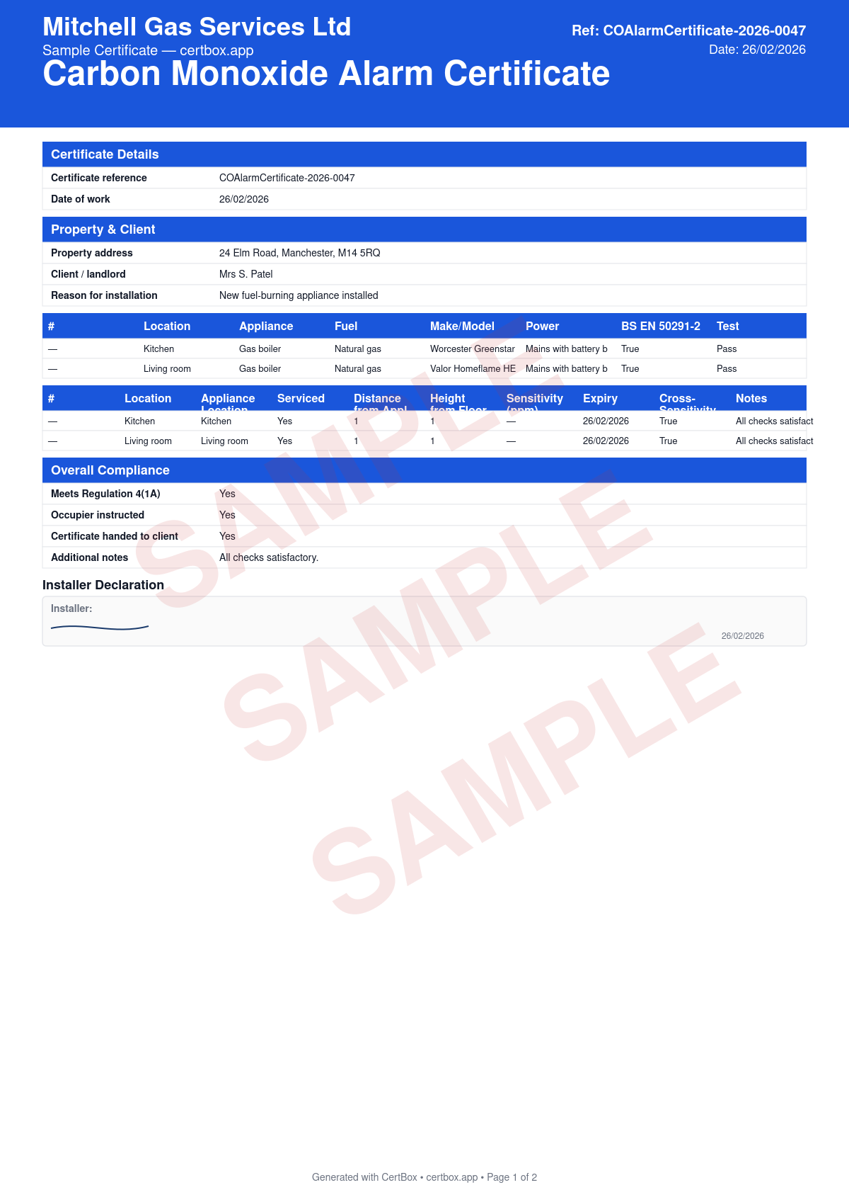 Sample Carbon Monoxide Alarm Certificate certificate created with CertBox, showing the professional PDF layout with co alarm locations and proximity to combustion appliances, alarm make, model, and expiry date, test results for each alarm