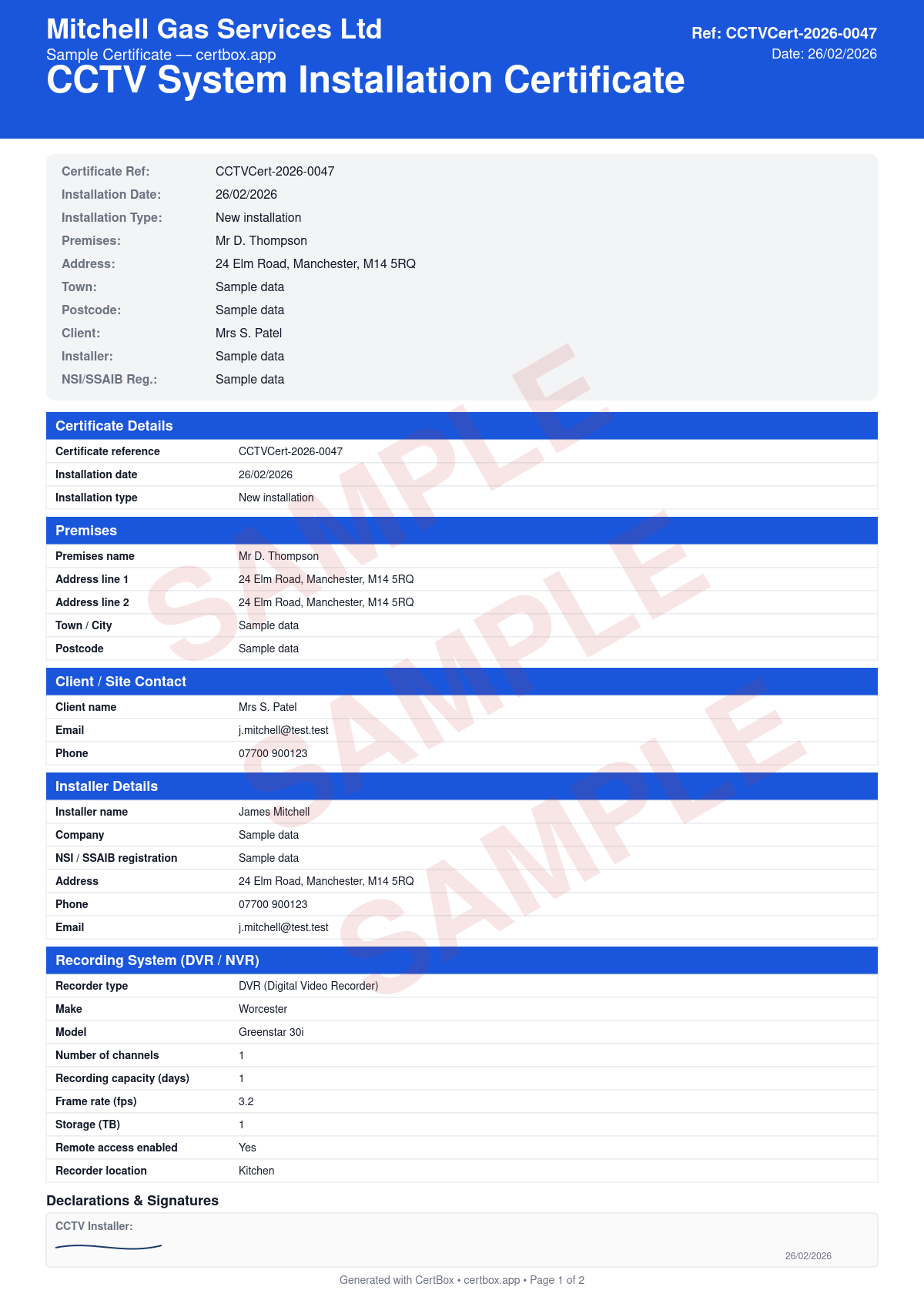 Sample CCTV System Installation Certificate certificate created with CertBox, showing the professional PDF layout with camera types, locations, and fields of view, recording system and storage capacity, image quality and retention period