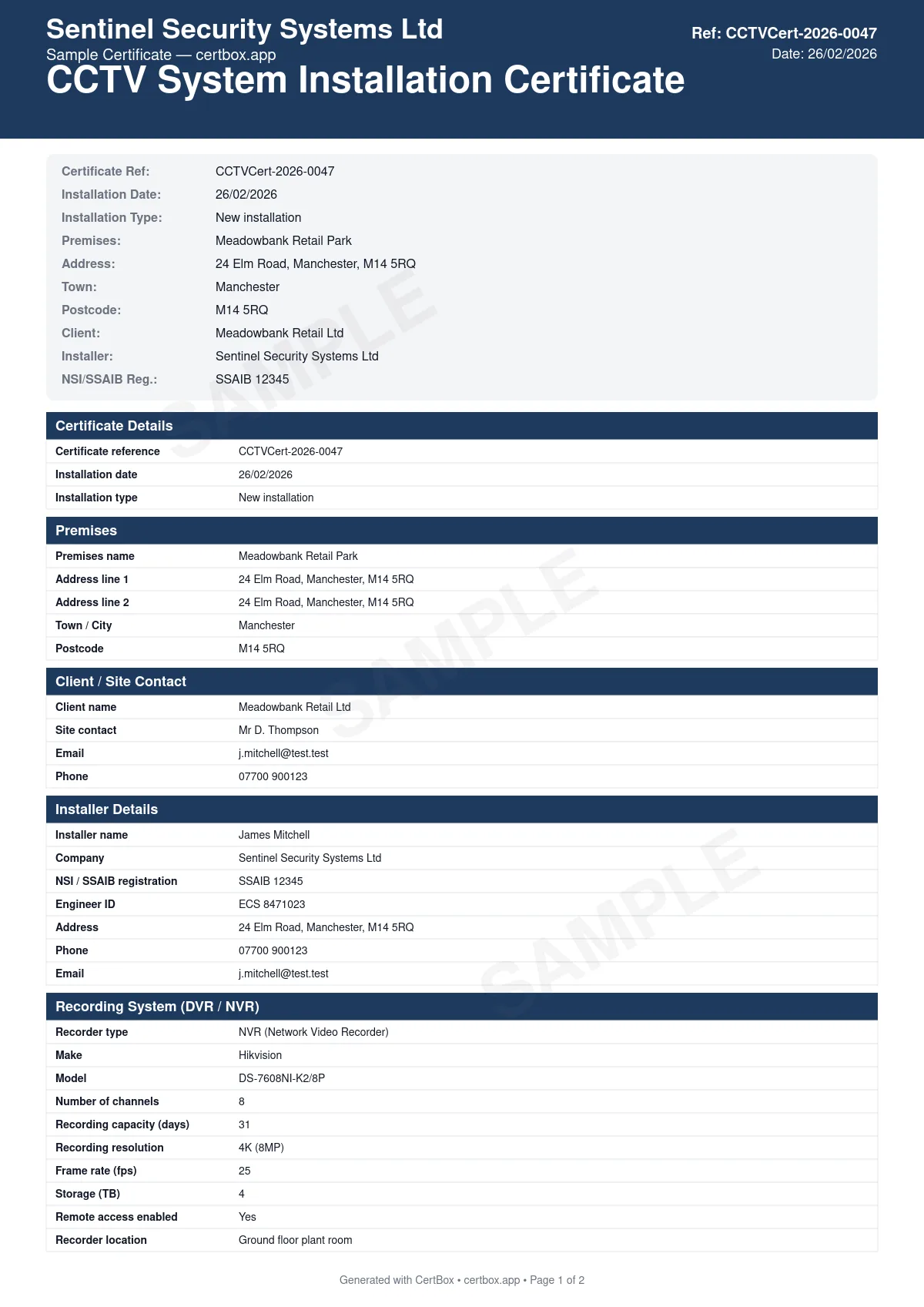 Sample CCTV System Installation Certificate certificate created with CertBox, showing the professional PDF layout with camera types, locations, and fields of view, recording system and storage capacity, image quality and retention period