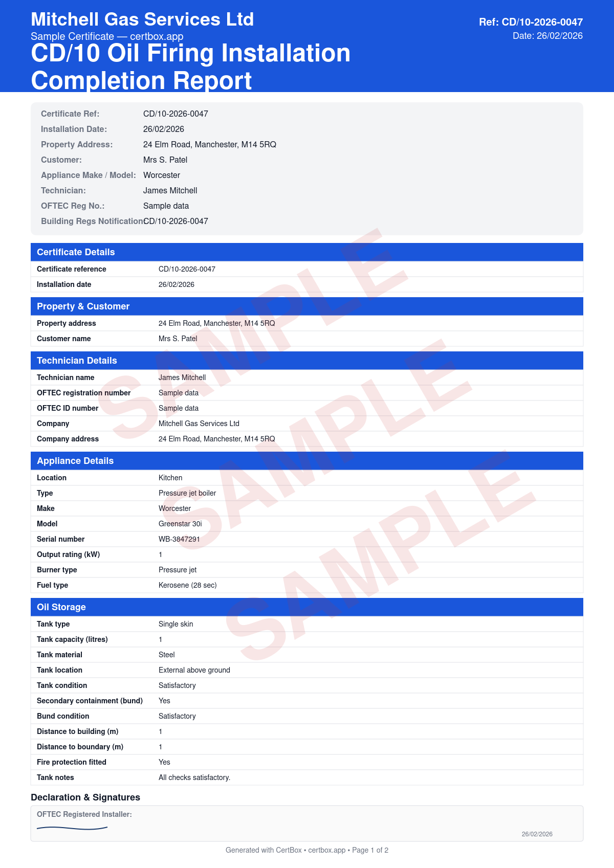 Sample CD/10 Oil Firing Installation Completion Report certificate created with CertBox, showing the professional PDF layout with oil appliance specification and commissioning readings, oil storage tank compliance (type, capacity, containment), oil supply pipework, filter, and fire valve