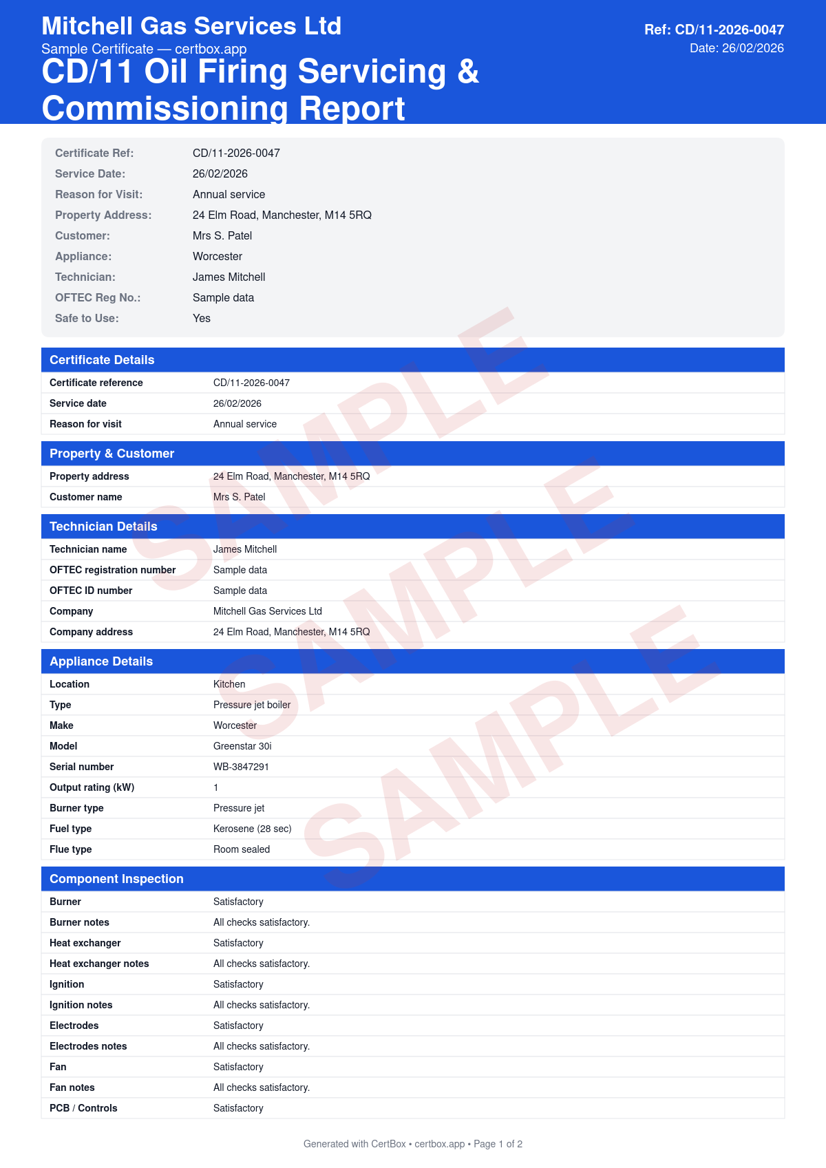 Sample CD/11 Oil Firing Servicing & Commissioning Report certificate created with CertBox, showing the professional PDF layout with burner strip-down, cleaning, and nozzle check, combustion analysis (smoke number, co, co2, flue temperature), oil supply line, filter, and fire valve inspection