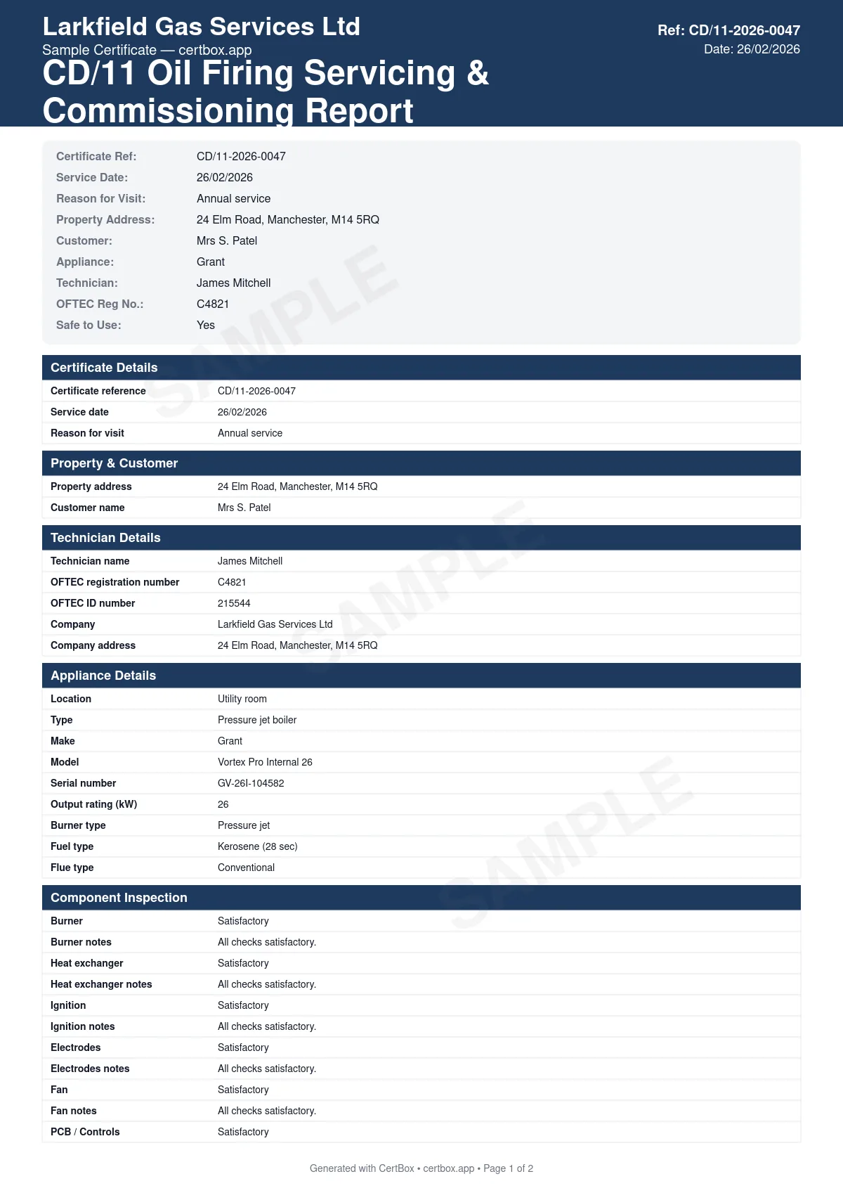 Sample CD/11 Oil Firing Servicing & Commissioning Report certificate created with CertBox, showing the professional PDF layout with burner strip-down, cleaning, and nozzle check, combustion analysis (smoke number, co, co2, flue temperature), oil supply line, filter, and fire valve inspection