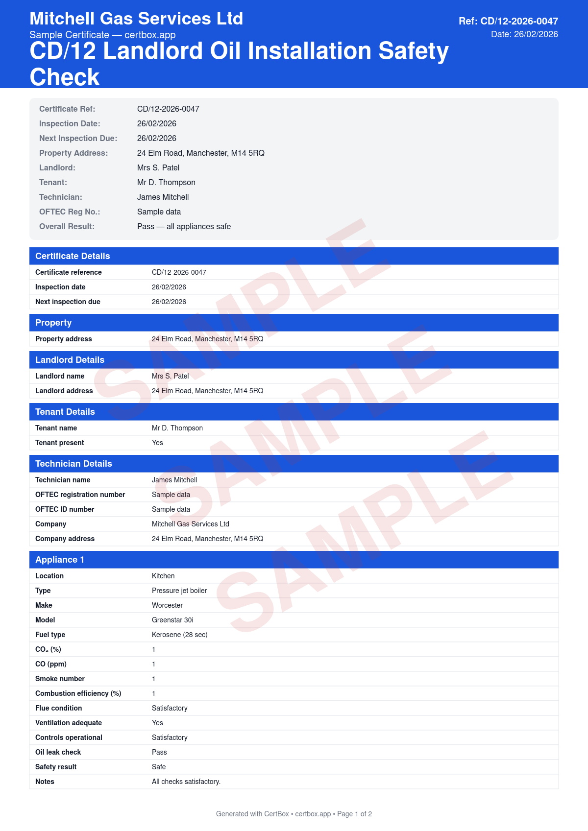 Sample CD/12 Landlord Oil Installation Safety Check certificate created with CertBox, showing the professional PDF layout with safety check of each oil-fired appliance at the property, oil storage tank condition and containment, oil supply line and fire valve inspection