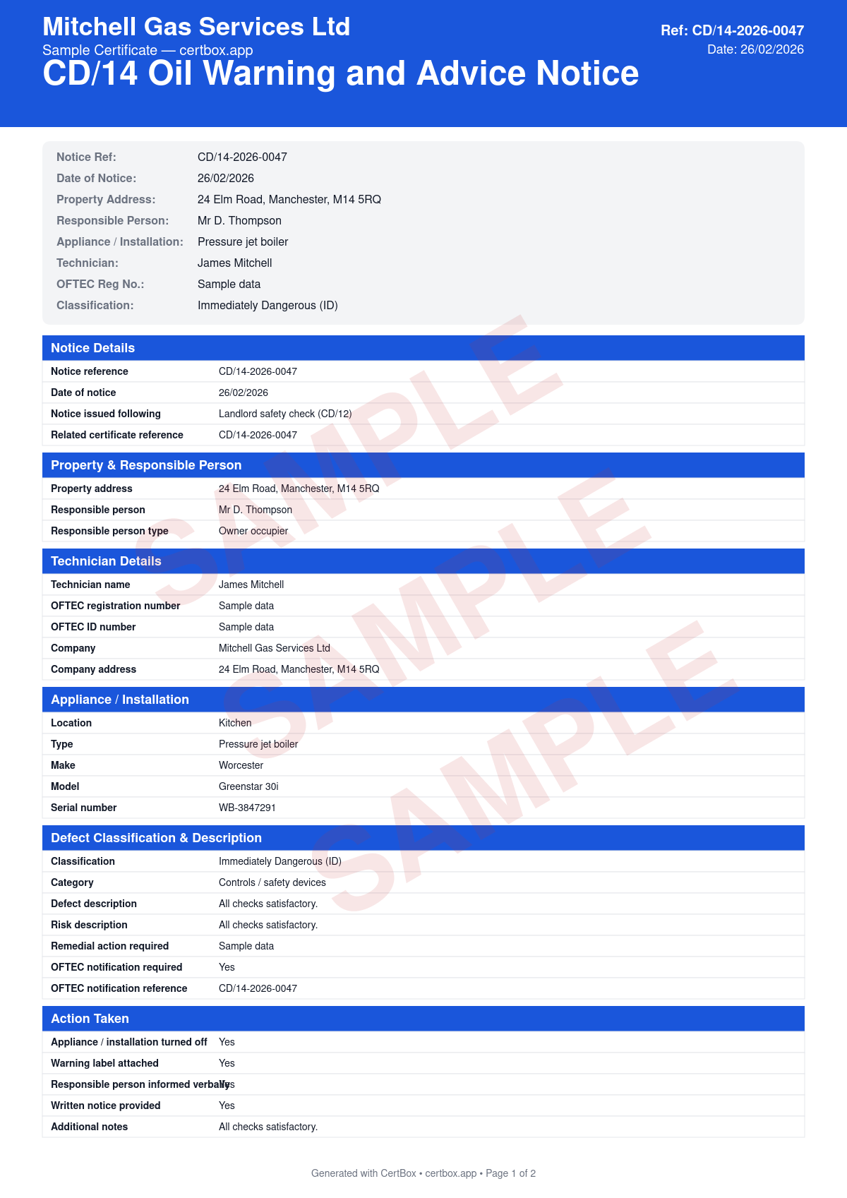 Sample CD/14 Oil Warning and Advice Notice certificate created with CertBox, showing the professional PDF layout with defect classification (id, ar, or ncs), detailed description of the defect and risk, action taken (appliance turned off, disconnected, or left with advice)