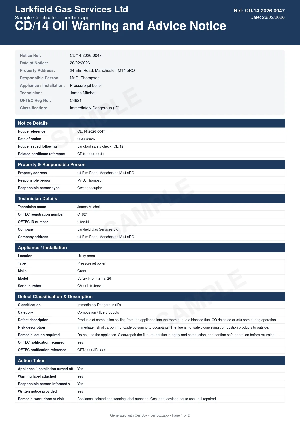 Sample CD/14 Oil Warning and Advice Notice certificate created with CertBox, showing the professional PDF layout with defect classification (id or ar), detailed description of the defect and risk, action taken (appliance turned off, disconnected, or left with advice)