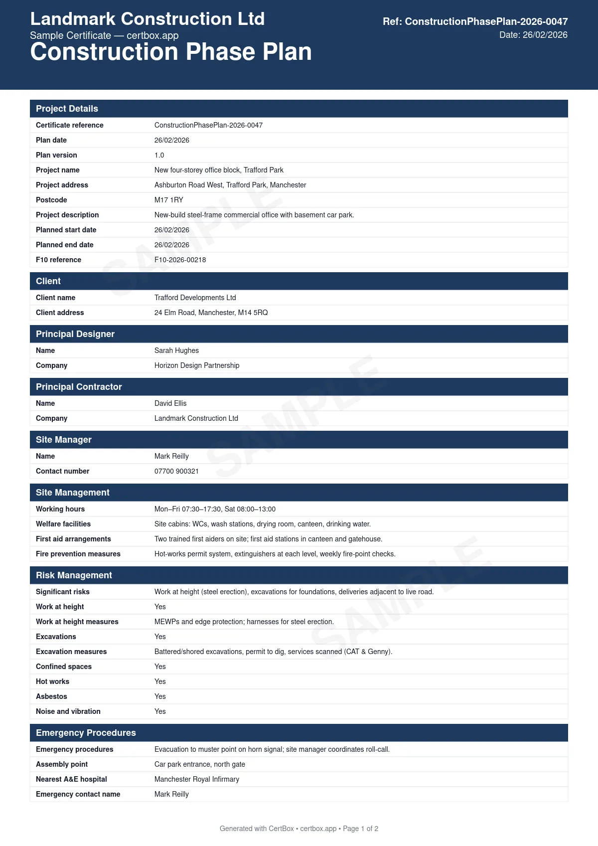 Sample Construction Phase Plan certificate created with CertBox, showing the professional PDF layout with site management arrangements, risk assessments and method statements, emergency procedures