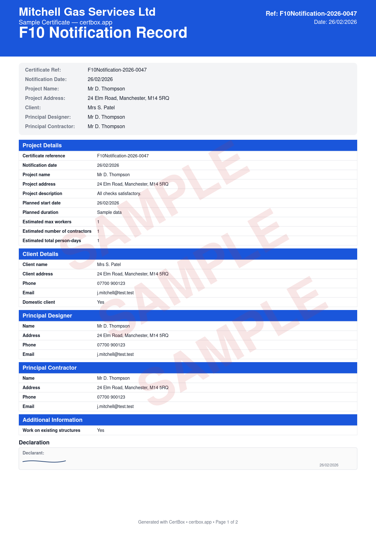 Sample CDM F10 Notification certificate created with CertBox, showing the professional PDF layout with project details and address, client and principal contractor details, principal designer details