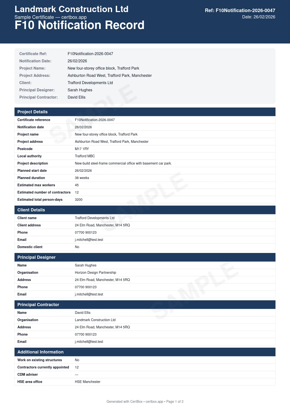 Sample CDM F10 Notification certificate created with CertBox, showing the professional PDF layout with project details and address, client and principal contractor details, principal designer details