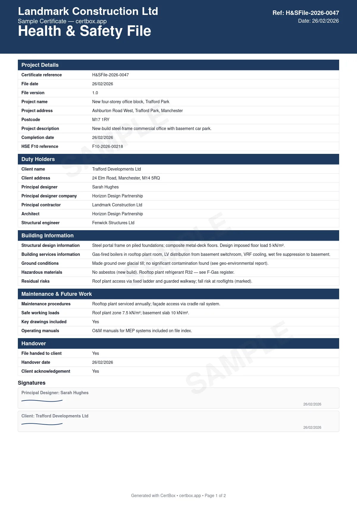 Sample Health & Safety File certificate created with CertBox, showing the professional PDF layout with as-built drawings, details of hidden services and structures, hazardous materials information