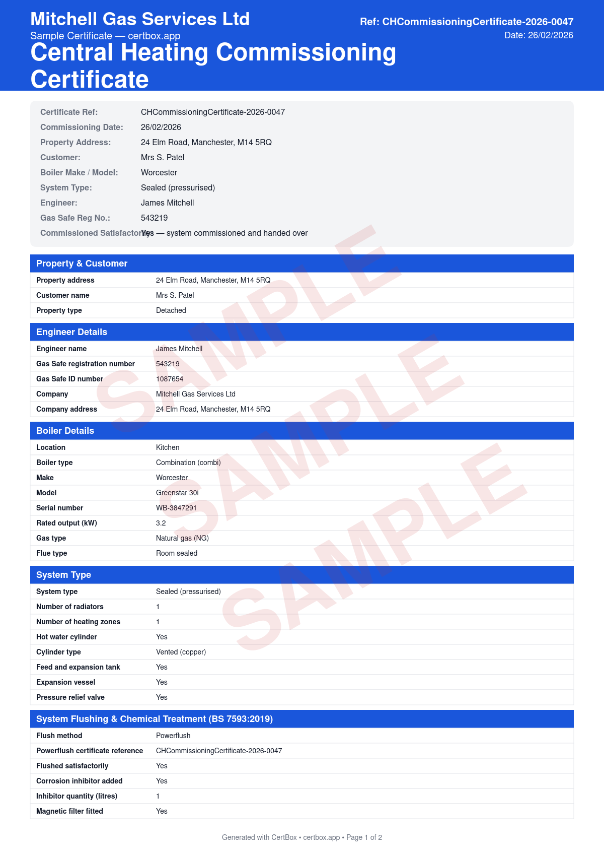 Sample Central Heating Commissioning Certificate certificate created with CertBox, showing the professional PDF layout with system type and specification (sealed, open, combi), radiator check (flow temperatures, trvs), system flush method and water quality readings