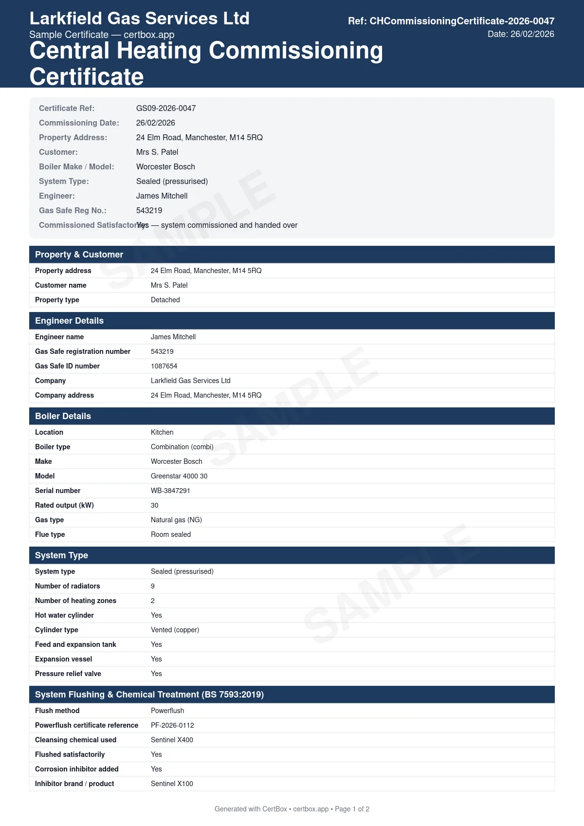 Sample Central Heating Commissioning Certificate certificate created with CertBox, showing the professional PDF layout with system type and specification (sealed, open, combi), radiator check (flow temperatures, trvs), system flush method and water quality readings