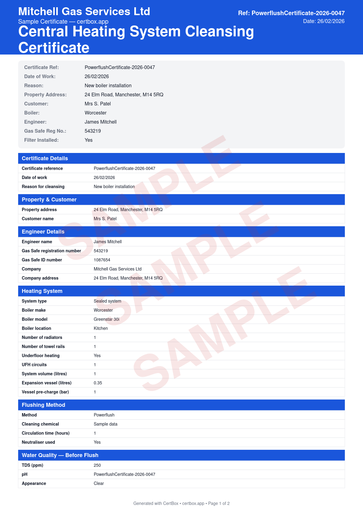Sample Central Heating System Cleansing Certificate certificate created with CertBox, showing the professional PDF layout with system details (boiler, radiators, system type), flushing method and chemicals used, water quality before and after (tds, ph, visual appearance)