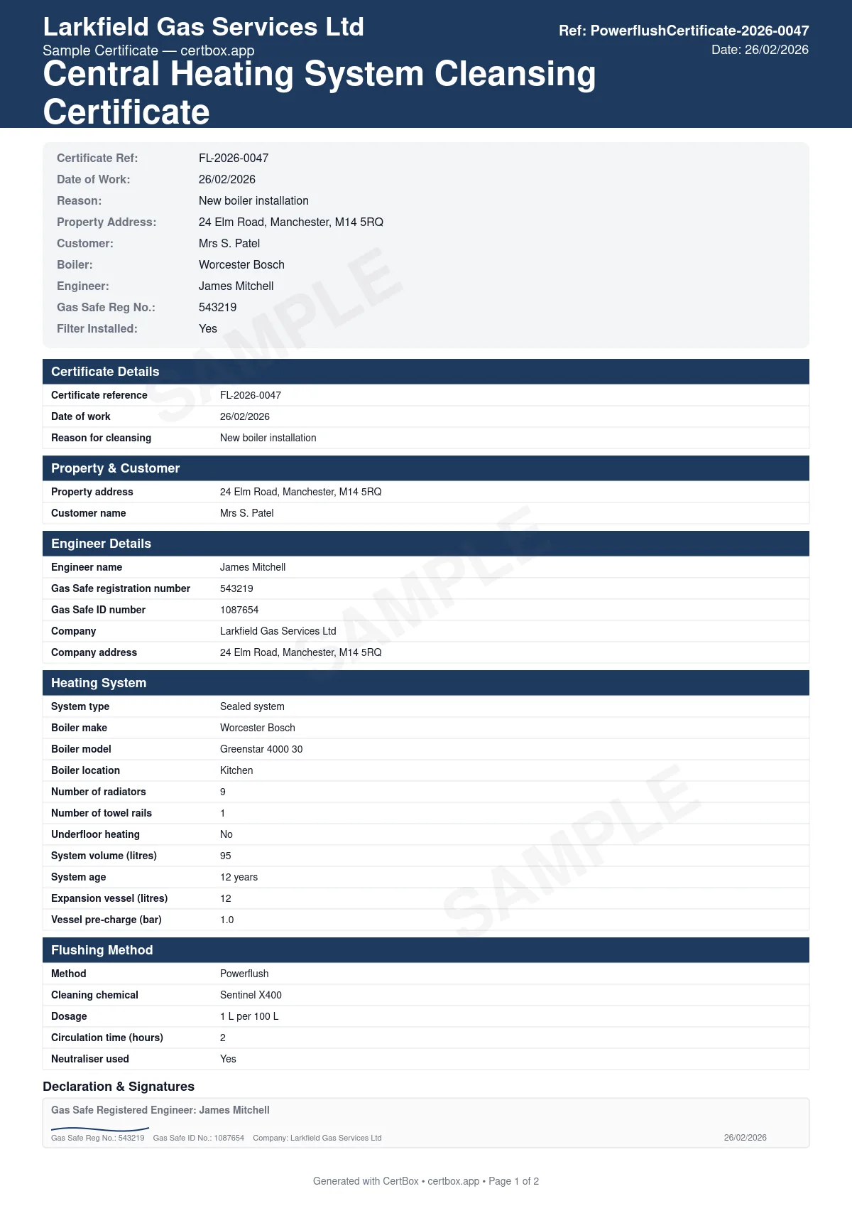 Sample Central Heating System Cleansing Certificate certificate created with CertBox, showing the professional PDF layout with system details (boiler, radiators, system type), flushing method and chemicals used, water quality before and after (tds, ph, visual appearance)