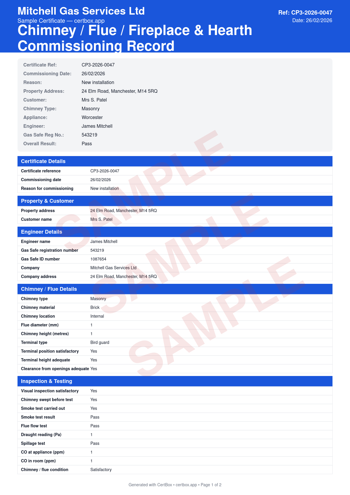 Sample Chimney / Flue Commissioning Record (CP3) certificate created with CertBox, showing the professional PDF layout with flue type, material, and dimensions, termination position and clearance distances, spillage test results