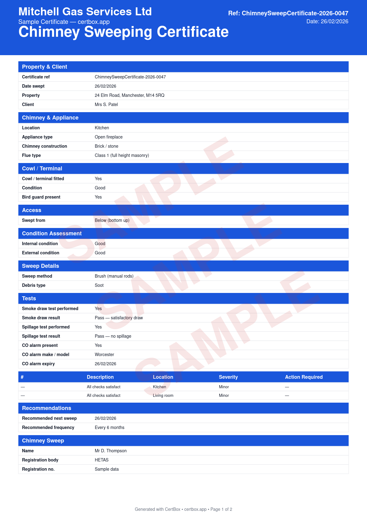 Sample Chimney Sweeping Certificate certificate created with CertBox, showing the professional PDF layout with chimney identification and type, sweeping method and outcome, flue condition assessment