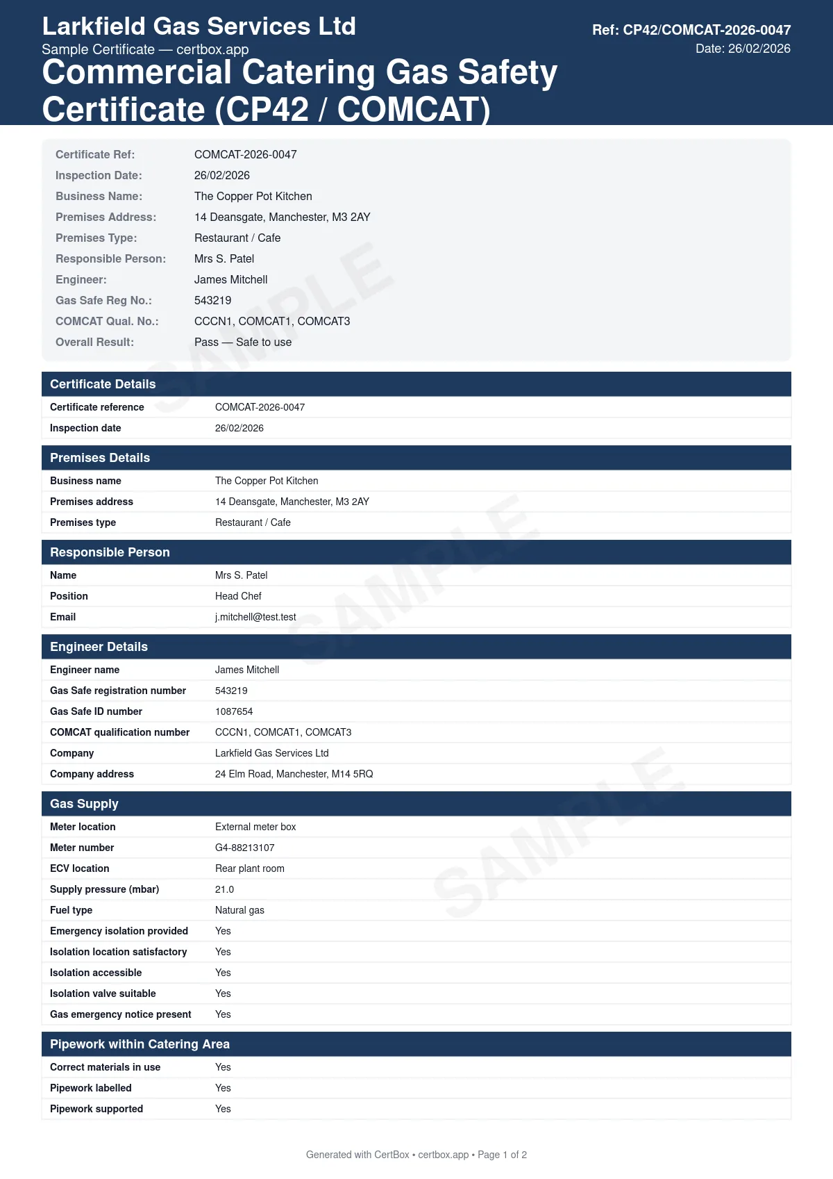 Sample Commercial Catering Gas Safety Certificate (CP42 / COMCAT) certificate created with CertBox, showing the professional PDF layout with commercial gas appliance identification, gas interlock system testing, ventilation and extraction verification