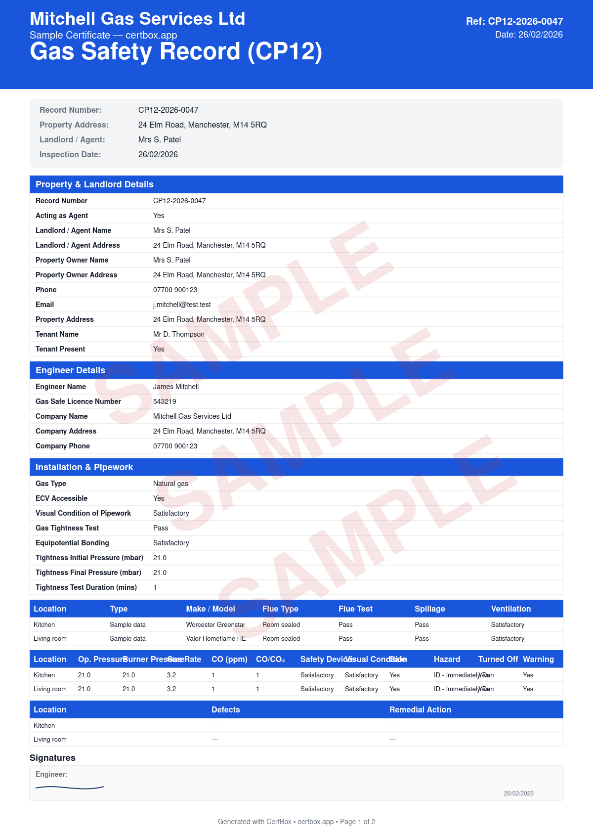 Sample Gas Safety Record (CP12) certificate created with CertBox, showing the professional PDF layout with gas meter and emergency control valve check, visual inspection of pipework, safety checks on every gas appliance (boilers, cookers, fires)