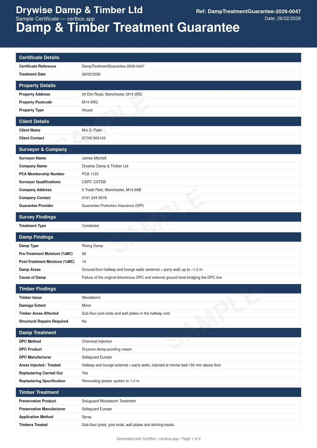 Sample Damp & Timber Treatment Guarantee certificate created with CertBox, showing the professional PDF layout with survey findings and moisture readings, treatment type (dpc, timber preservative, dry rot eradication), products and methods used