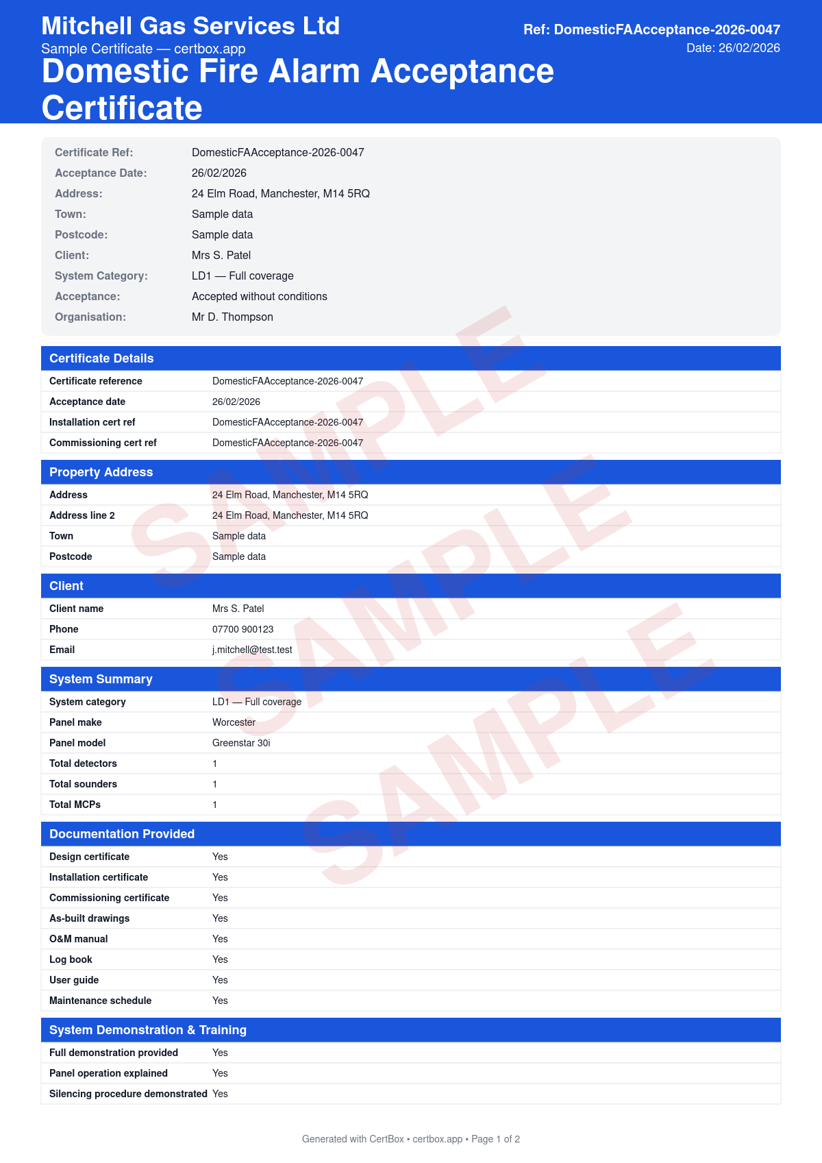Sample BS 5839-6 Domestic Fire Alarm Acceptance Certificate (Grade A) certificate created with CertBox, showing the professional PDF layout with documentation provided checklist, system demonstration confirmation, user training on operation and testing